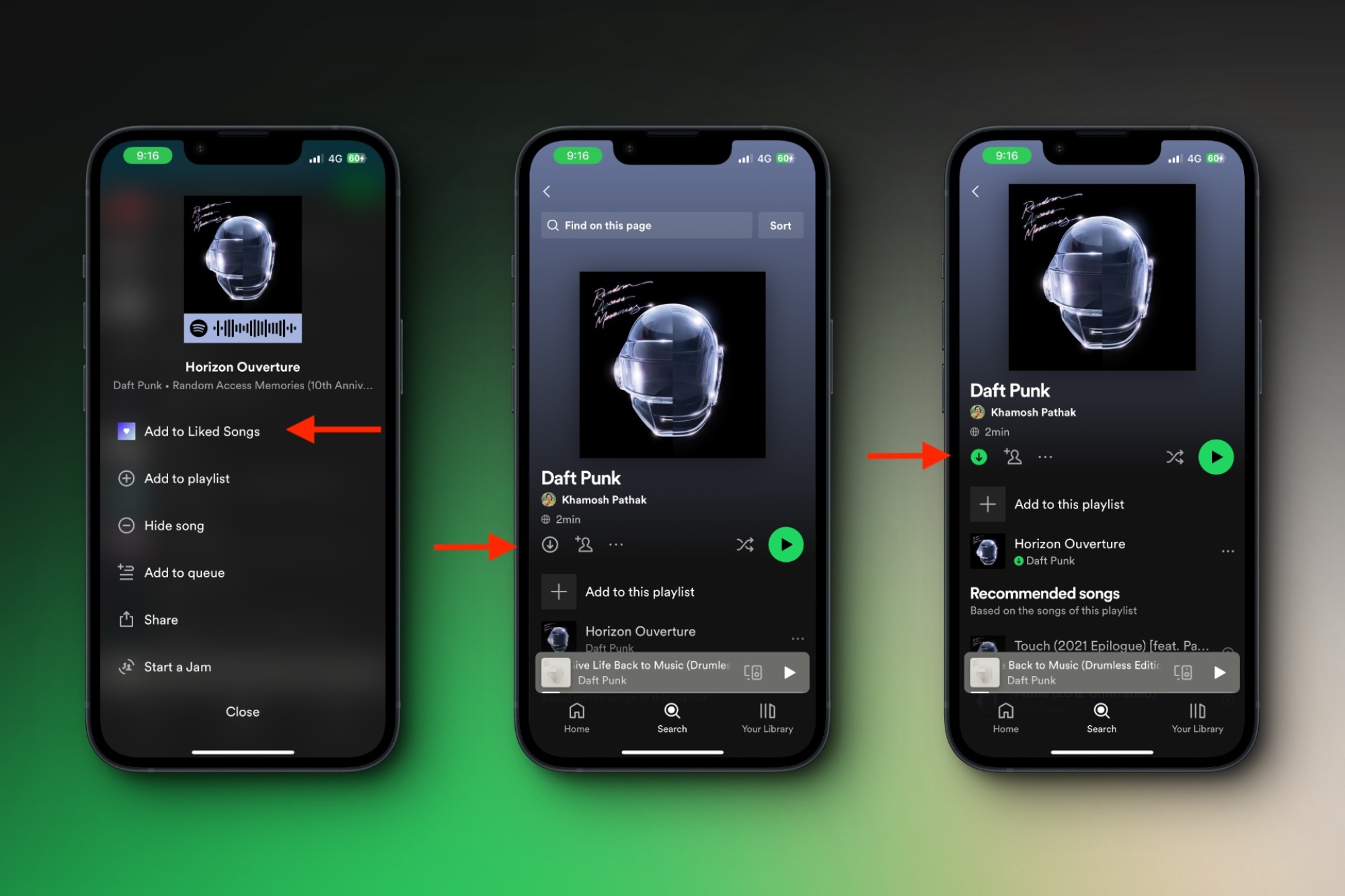 Steps to download songs offline on Spotify.