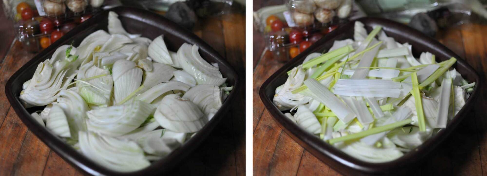 Cut fennel and leeks in a baking dish for fennel gratin