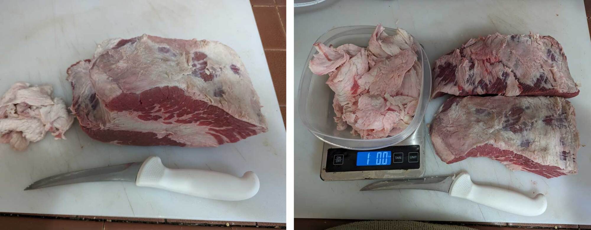 Image of brisket cross cut before and after trimming