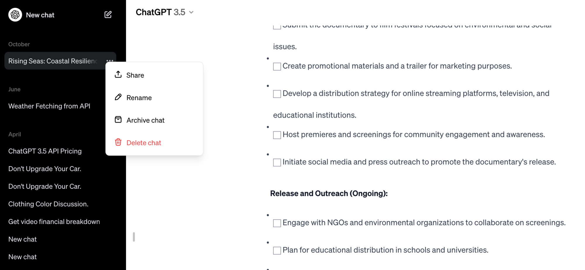 Archiving chat in ChatGPT website.