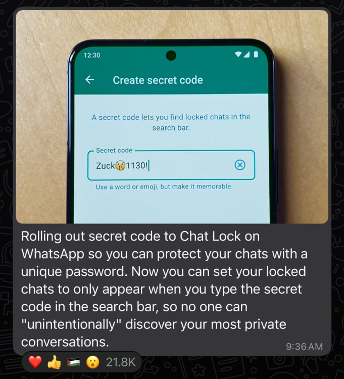 image shared by mark zuckerberg on whatsapp showing smartphone with whatsapp secret code setup screen