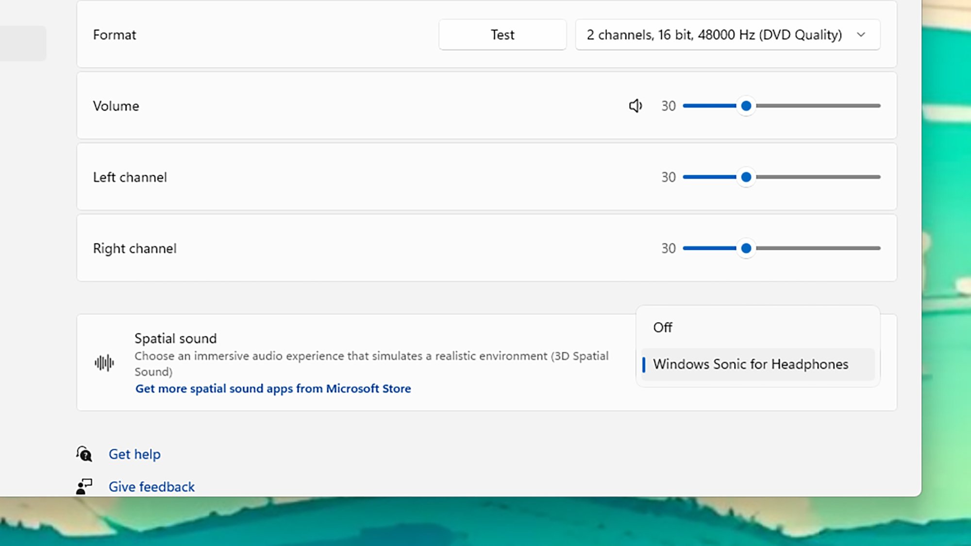 Selecting spatial sound in Windows 11