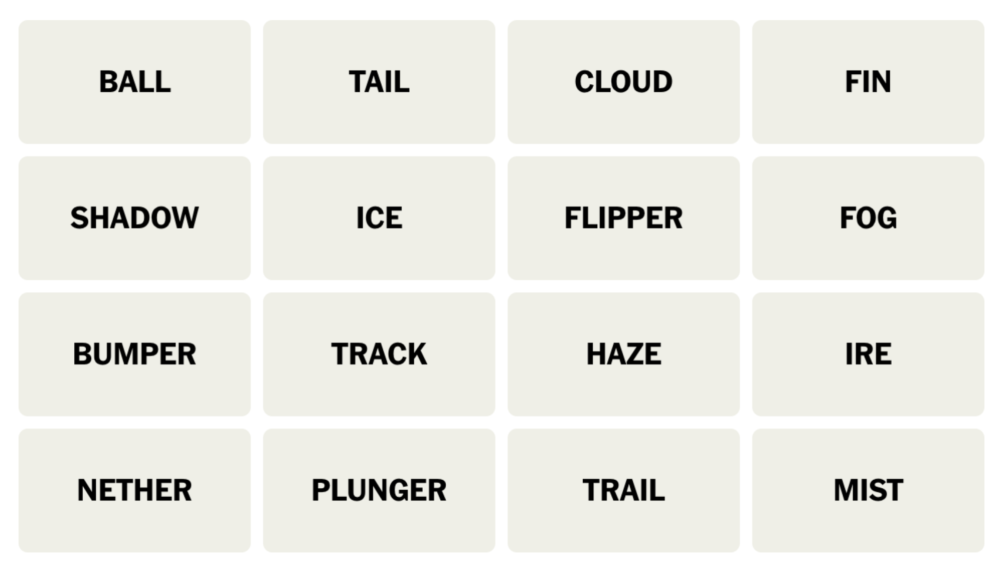 NYT Connections board for December 12, 2023: BALL, TAIL, CLOUD, FIN, SHADOW, ICE, FLIPPER, FOG, BUMPER, TRACK, HAZE, IRE, NETHER, PLUNGER, TRAIL, MIST.