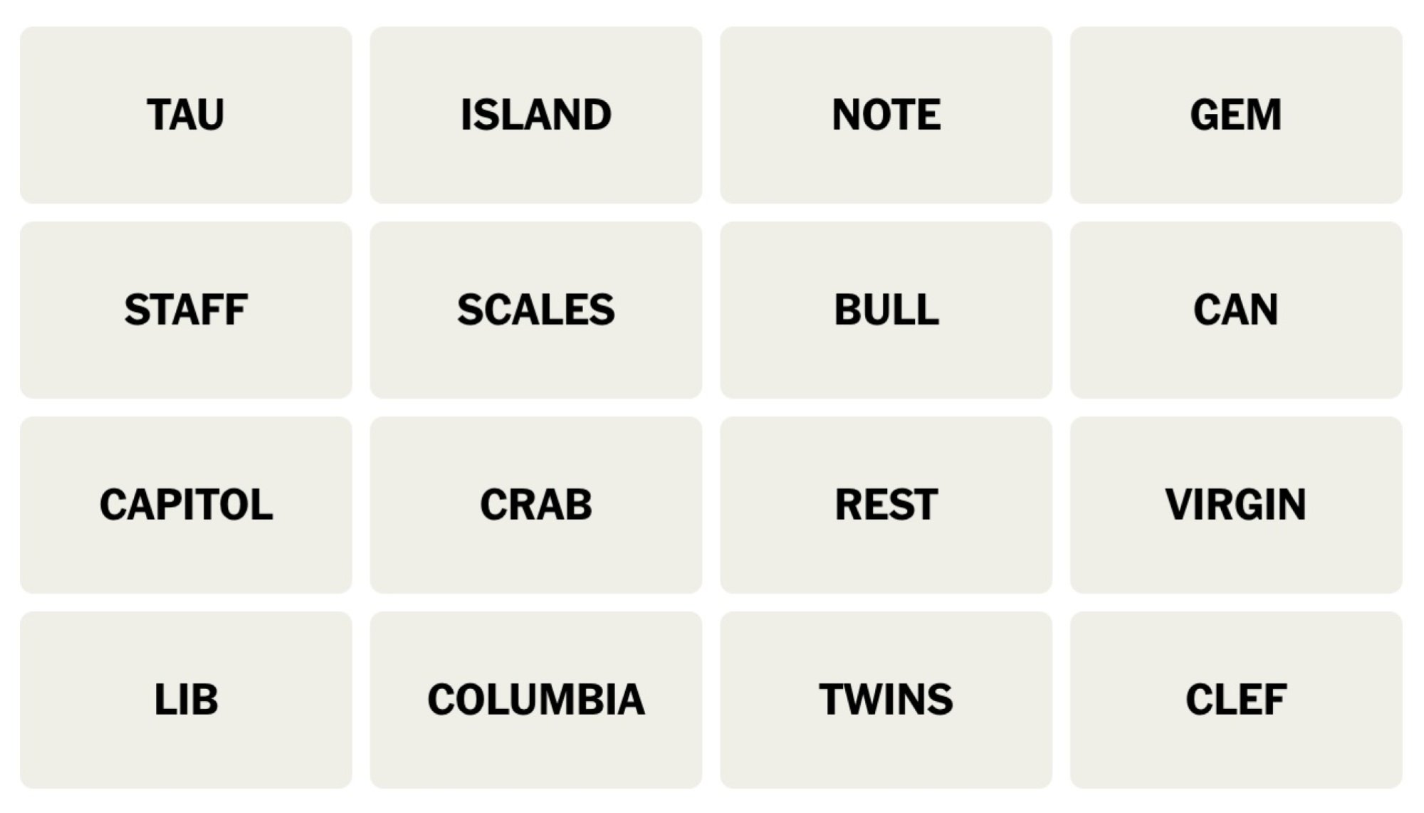 NYT Connections board for December 6, 2023: TAU, ISLAND, NOTE, GEM, STAFF, SCALES, BULL, CAN, CAPITOL, CRAB, REST, VIRGIN, LIB, COLUMBIA, TWINS, CLEF.