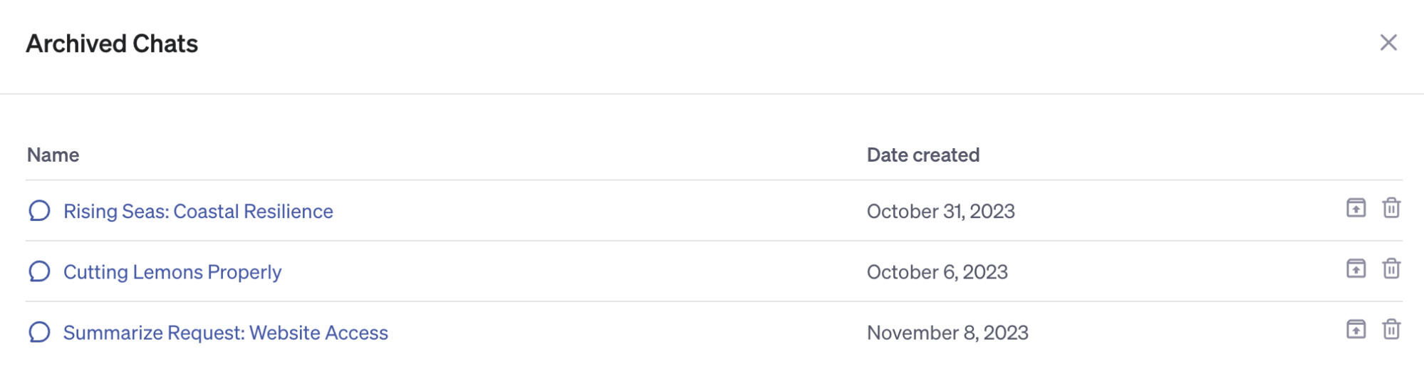 List of archived chats in ChatGPT.