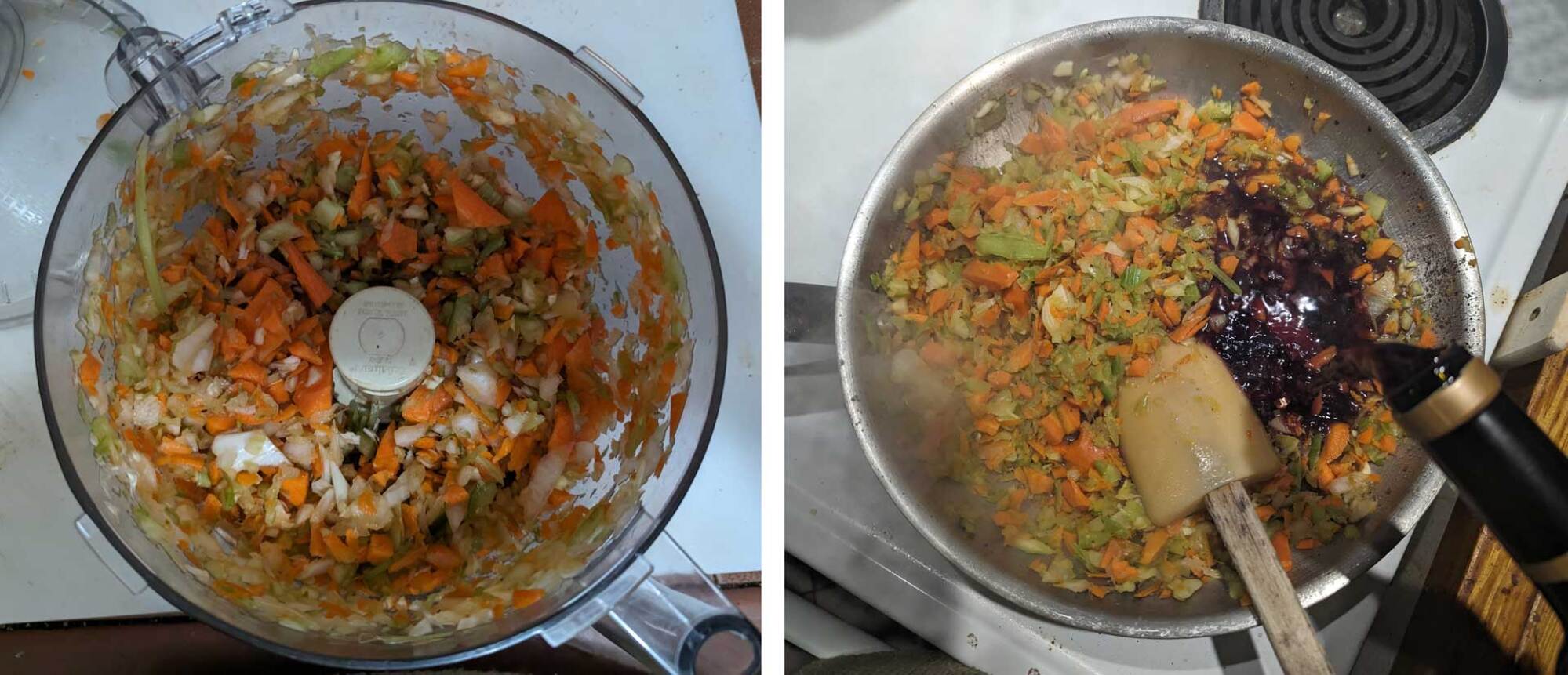 image of veg in the food processor, and once sauteed, wine being added