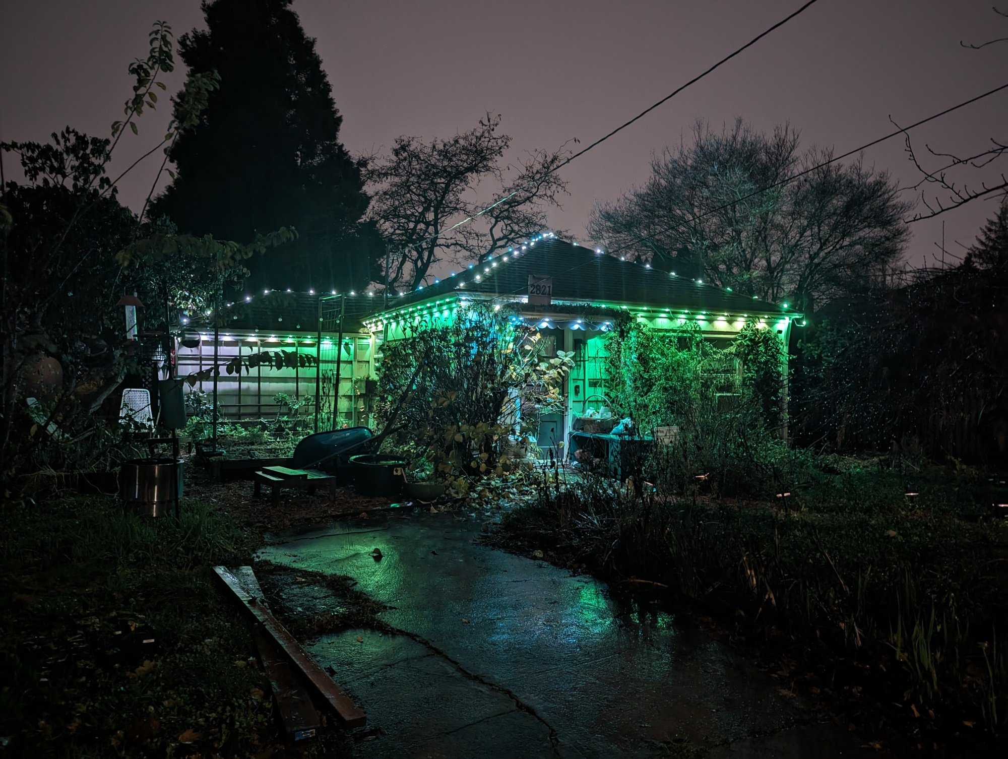 A house with green-colored holiday lights