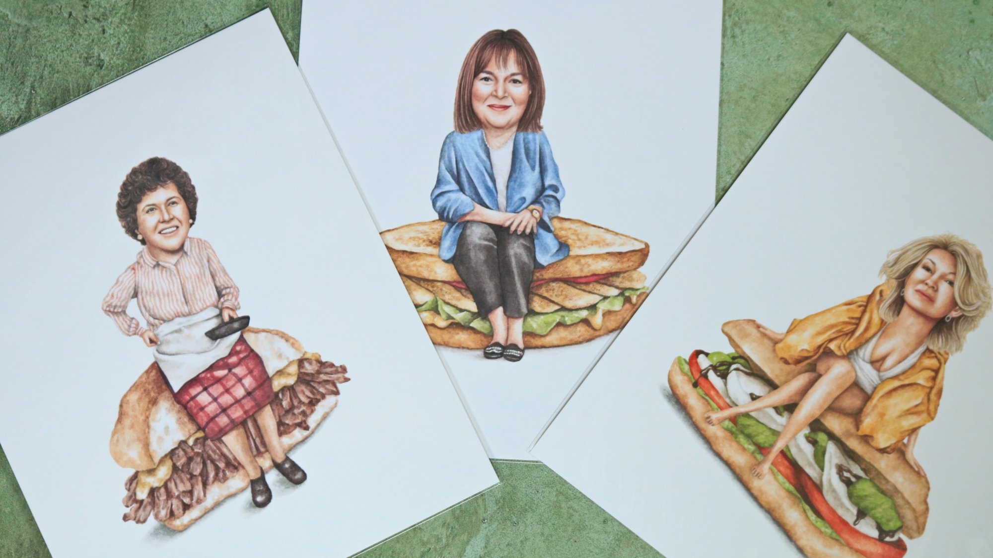 Art prints of celebrities on sandwiches.