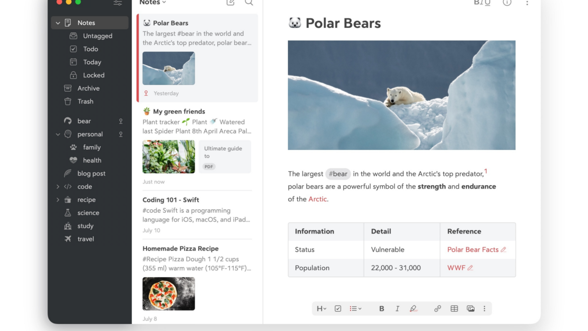 Bear interface on Mac
