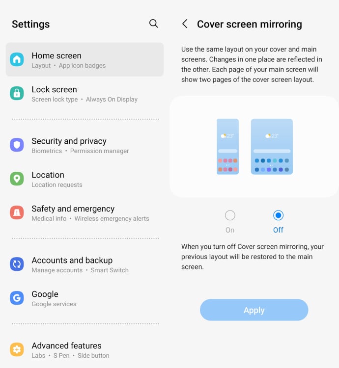 Samsung Galaxy Z Fold 5 settings