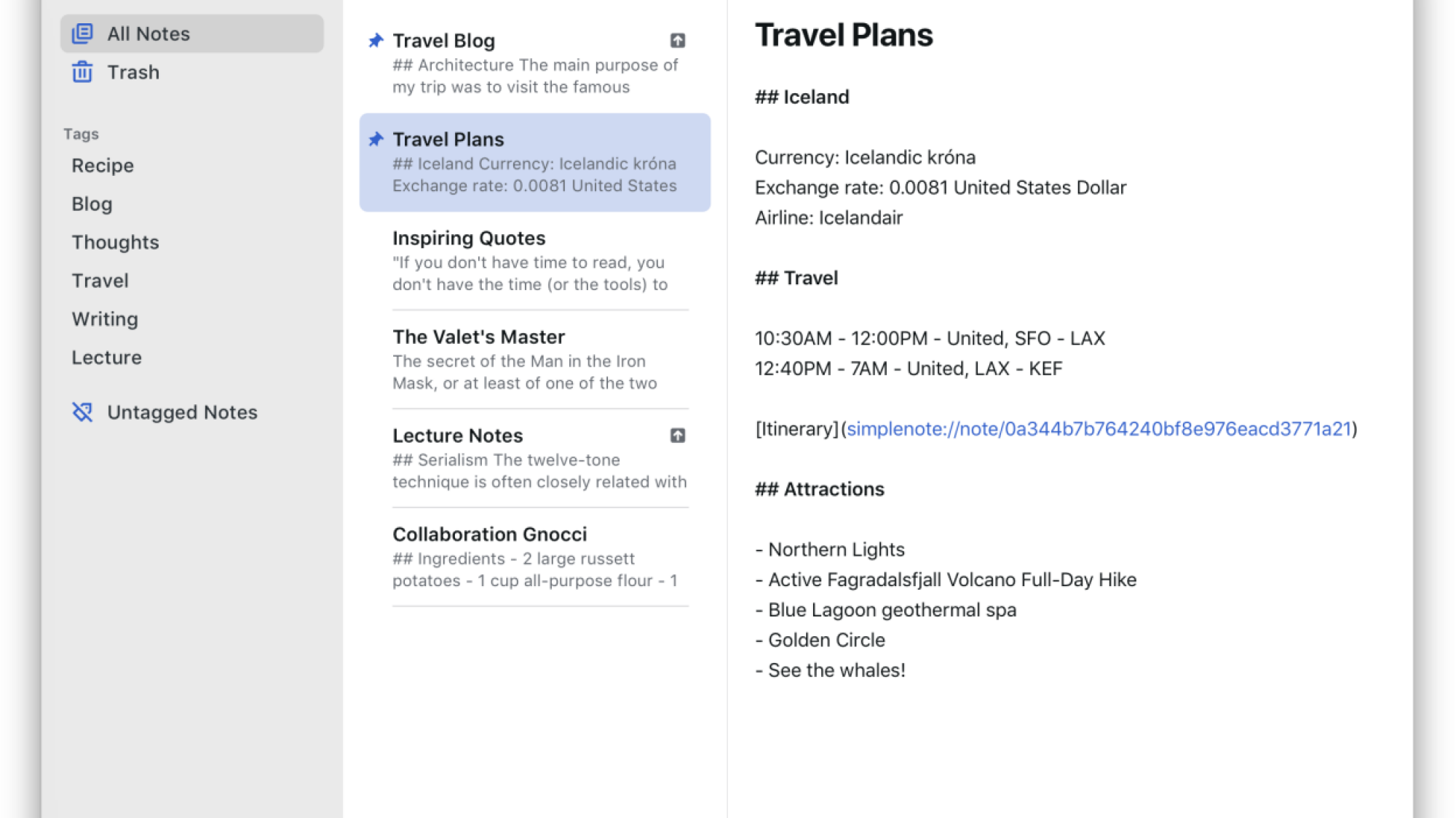Simplenote interface on Mac app