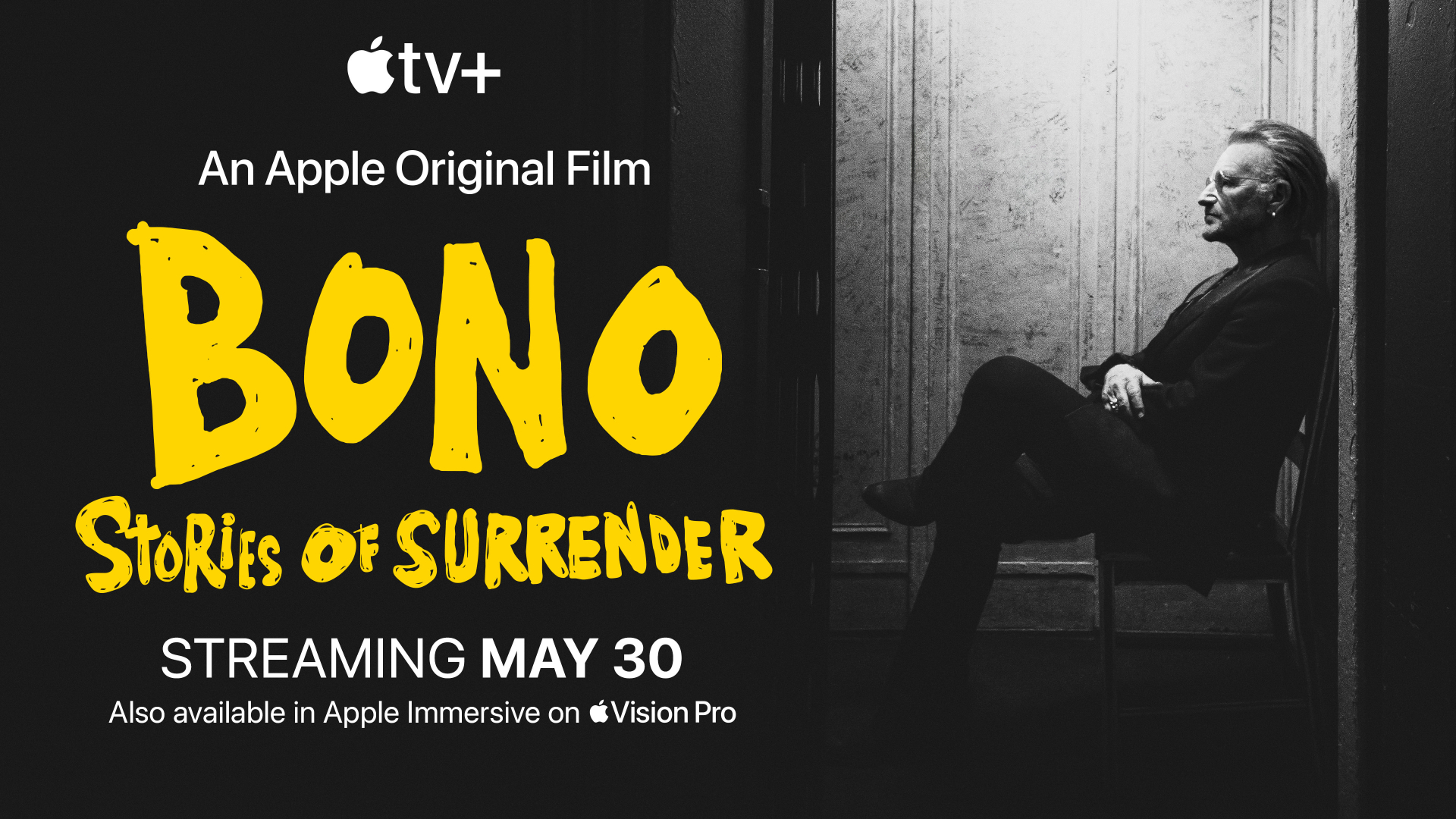 Black and white promo image for Apple TV+ documentary "Bono: Stories of Surrender" with side profile view of a person in a pensive pose.