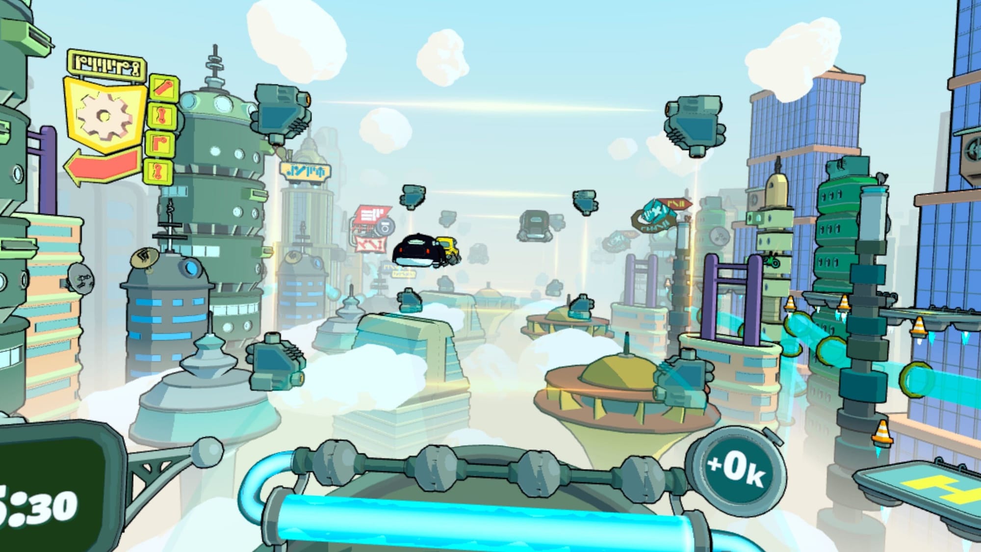 Retronika screenshot shows a futuristic city with hover cars in front of you