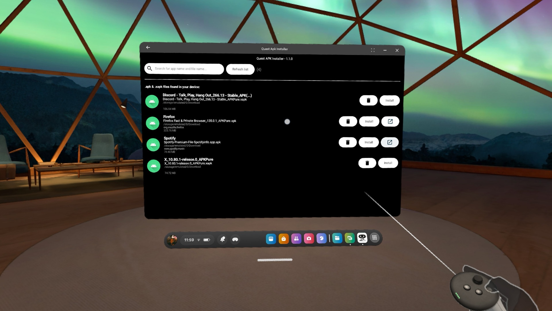The 2D interface of the APK Installer in a virtual quest environment.