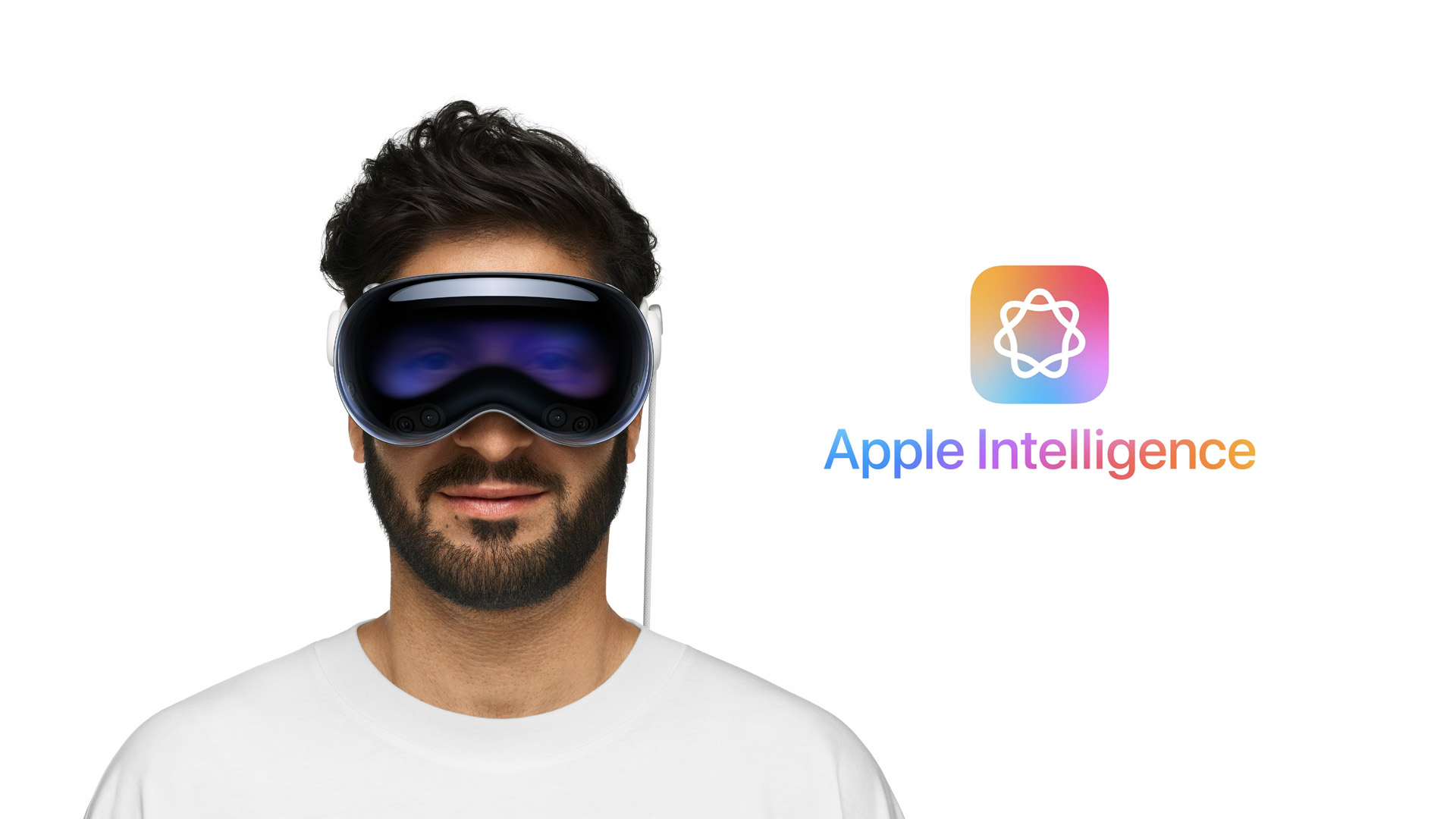 Man with Vision Pro next to Apple Intelligence logo.