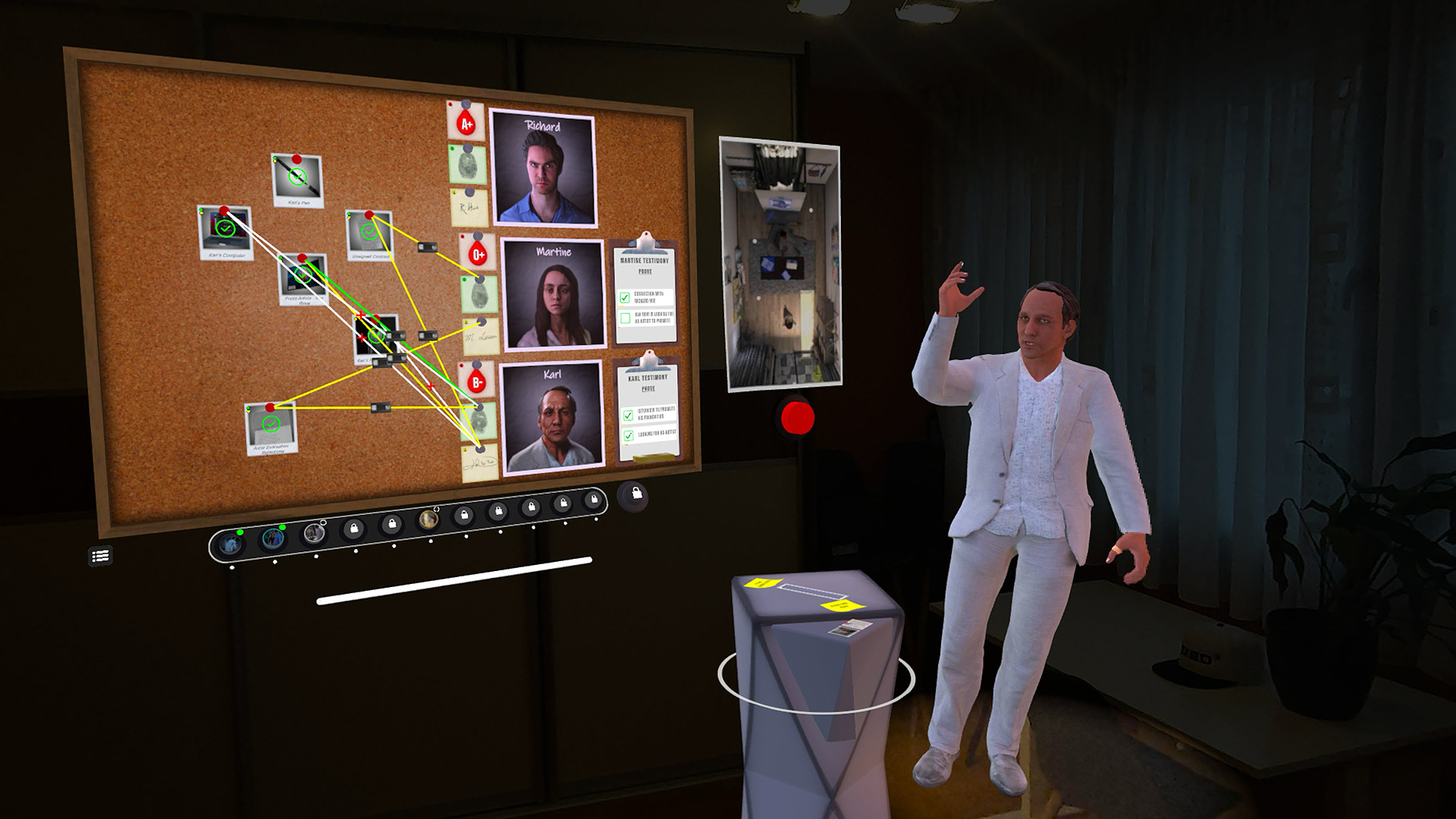 A volumetric charakter gesturing next to a mixed reality drafting table.