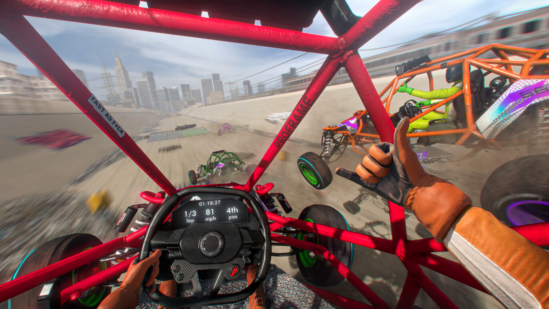 View from the cockpit of a moving buggy, the player gives a thumbs up.