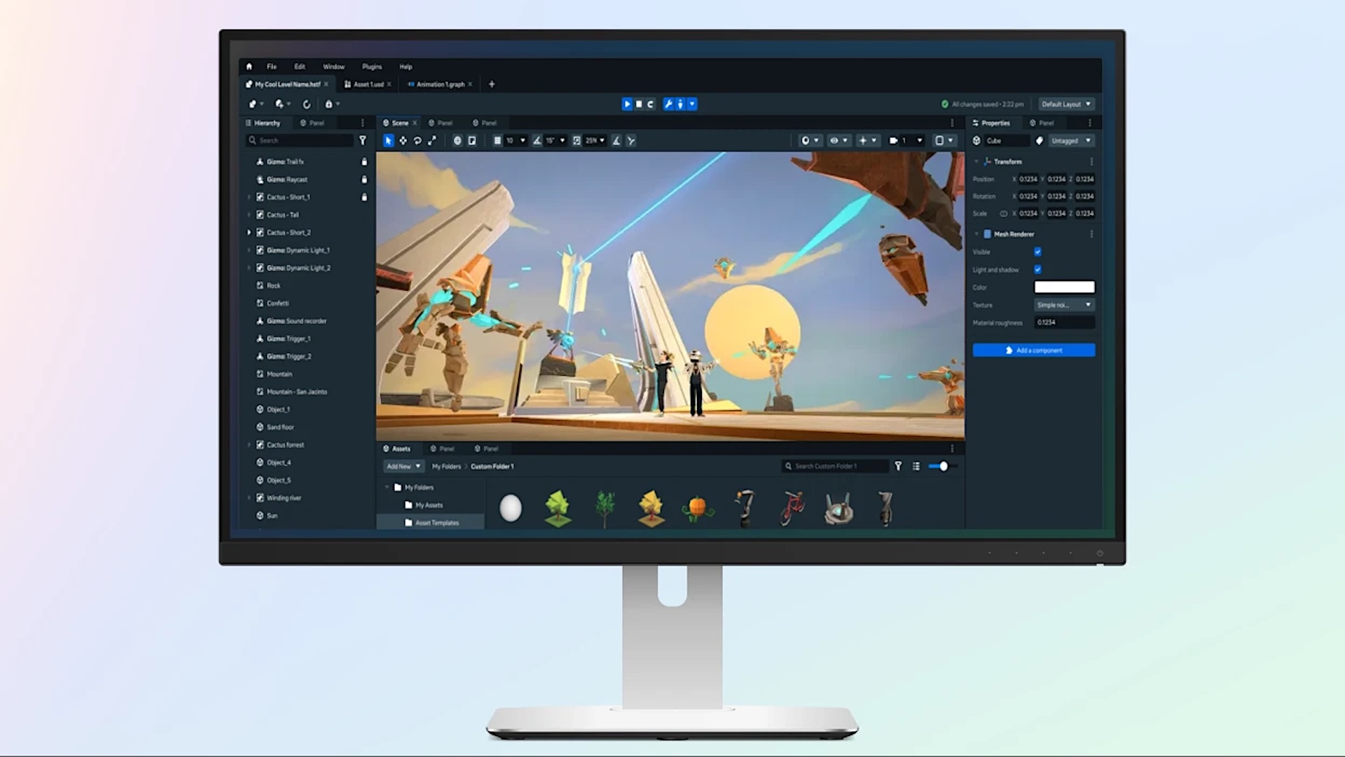 PC monitor with Meta Horizon Desktop Editor open.