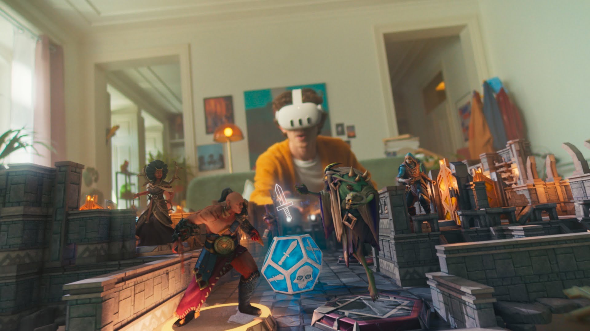 Man playing Demeo with Meta Quest 3 in mixed reality mode.
