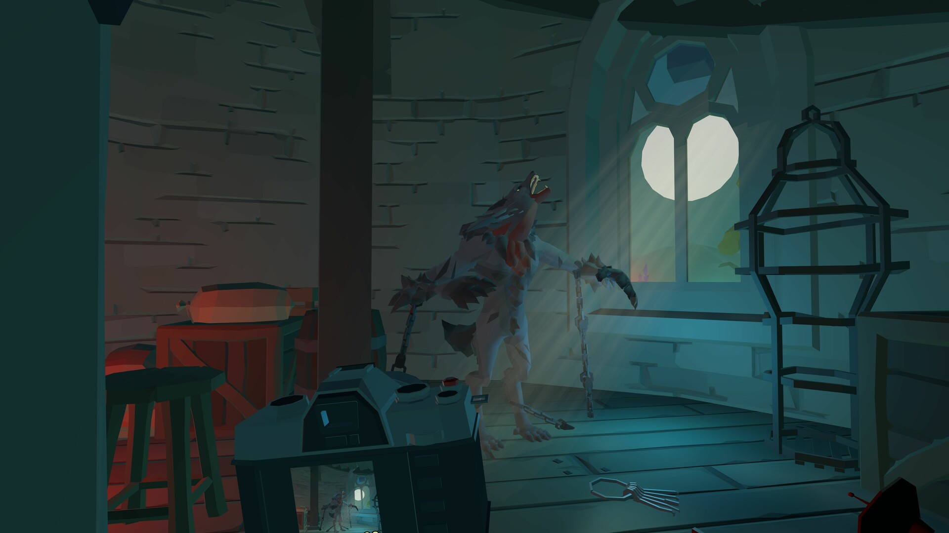 A gloomy wall in which a chained werewolf howls at the moon shining through a small window.
