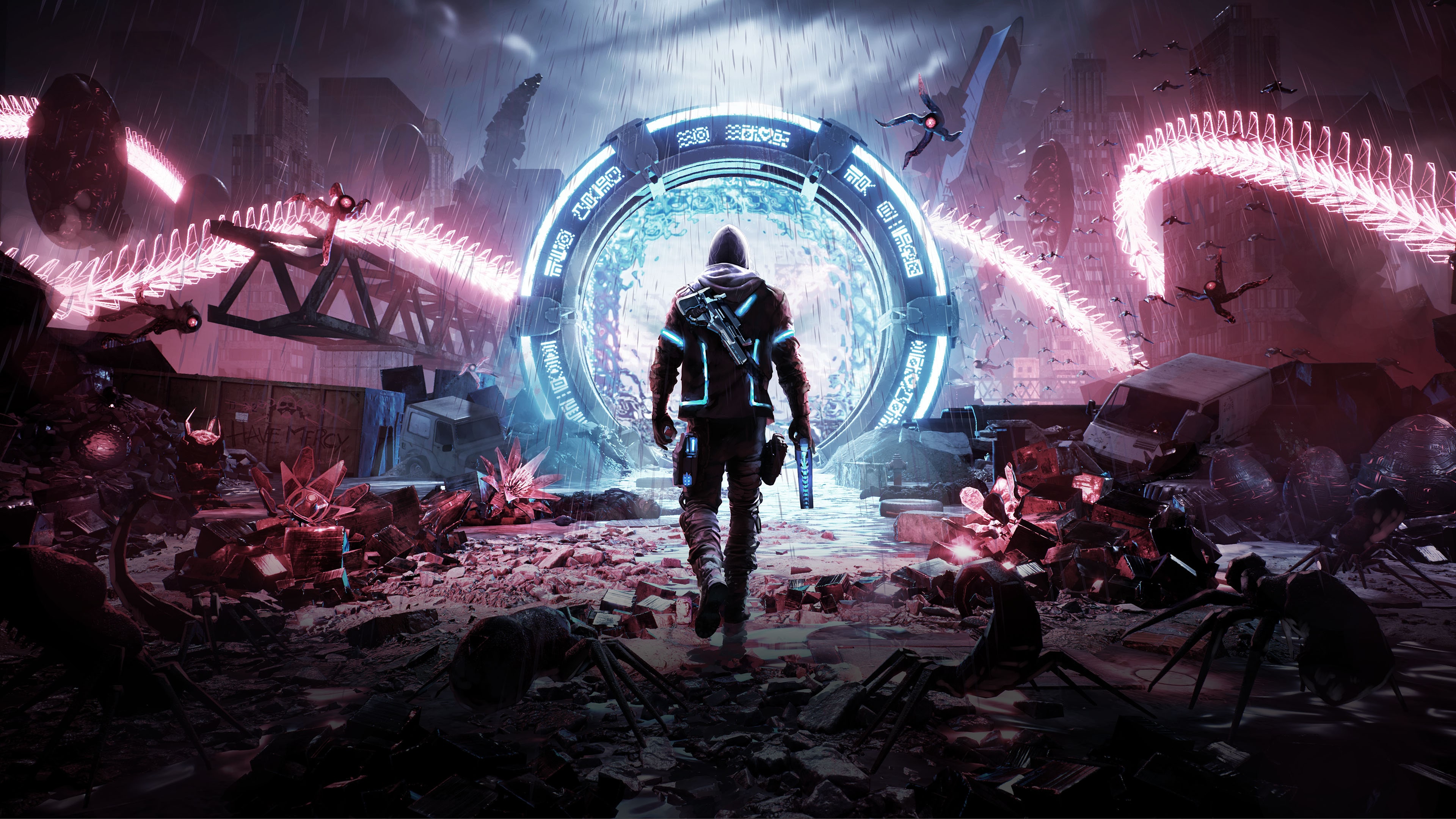 An armed man in a hooded jacket walks through a pile of rubble towards a glowing portal.
