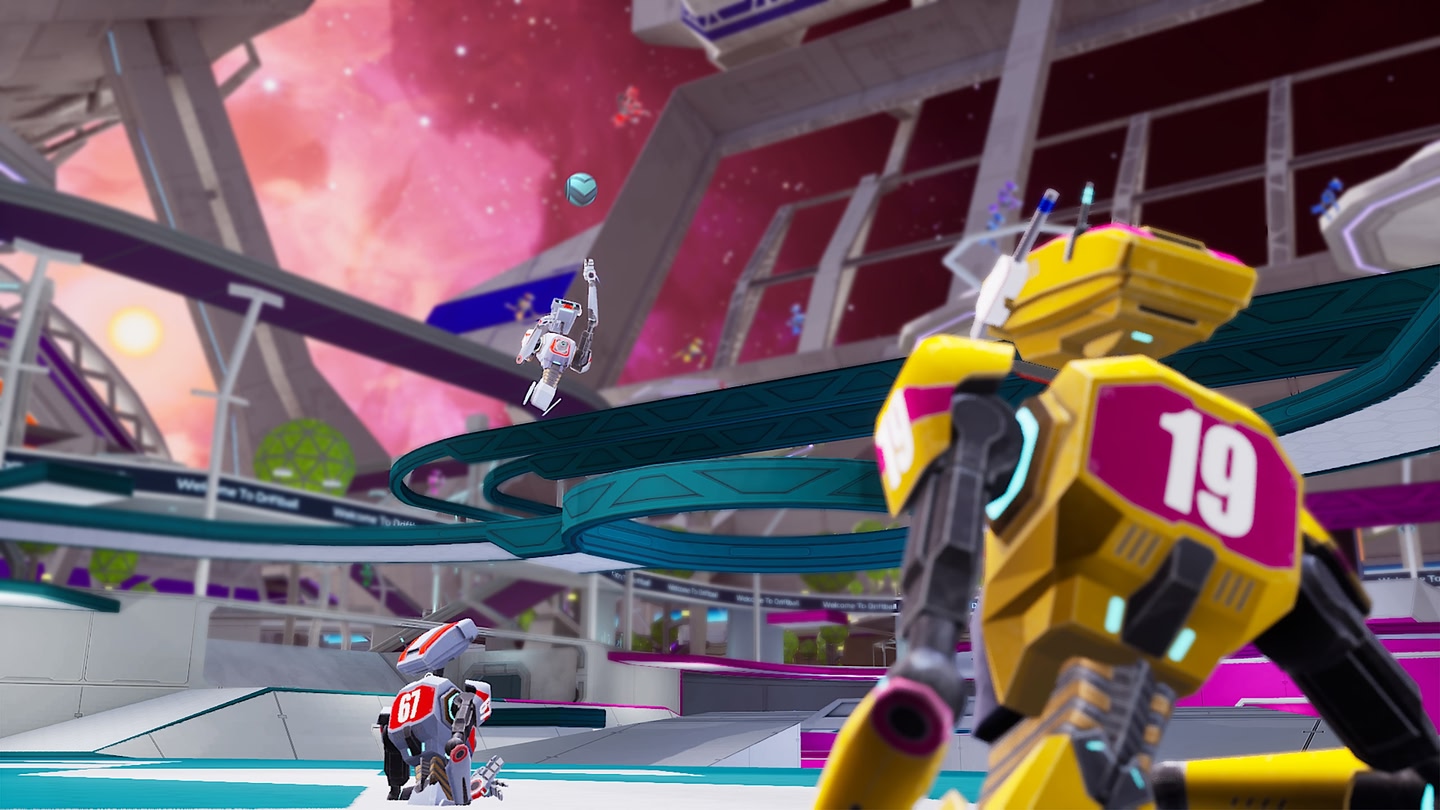 Three robot avatars playing drift ball.