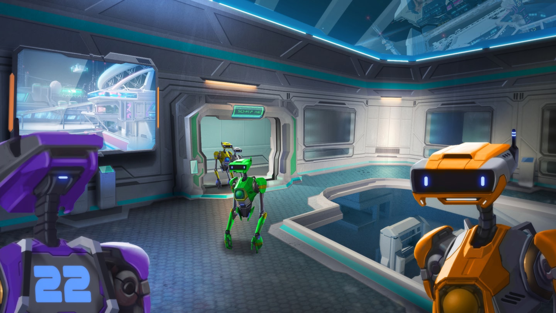Colorful robots glide around on a space station.