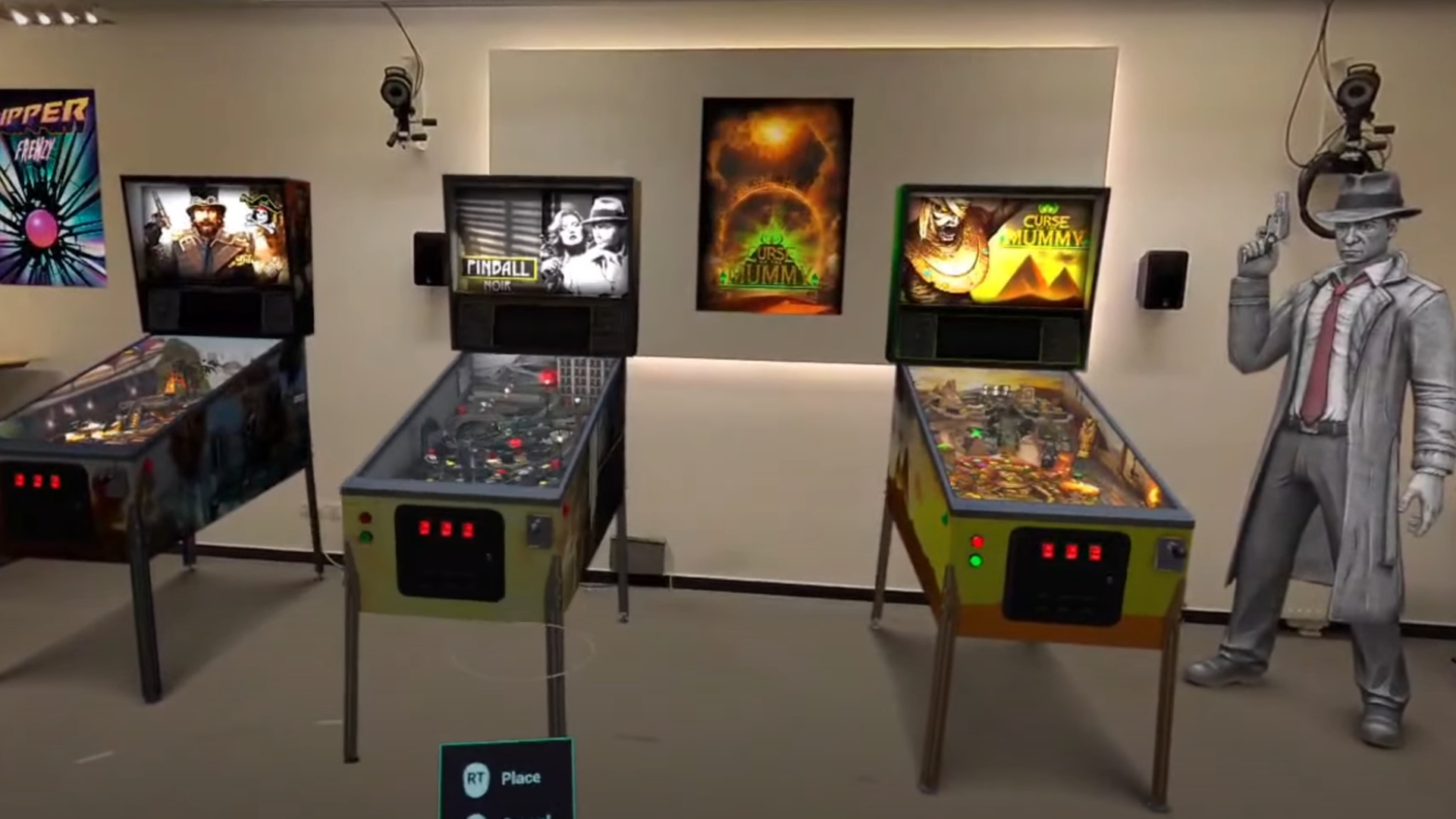 A room with various pinball machines.