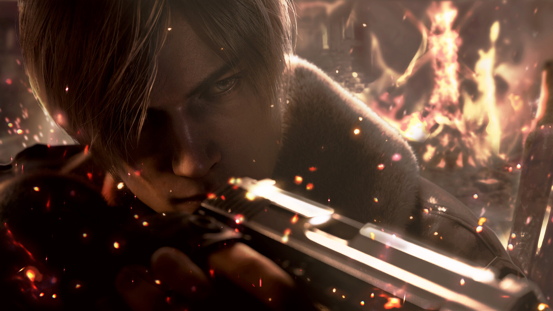 Leon Kennedy from Resident Evil 4, a young man with light-colored hair, holds a pistol and aims it.
