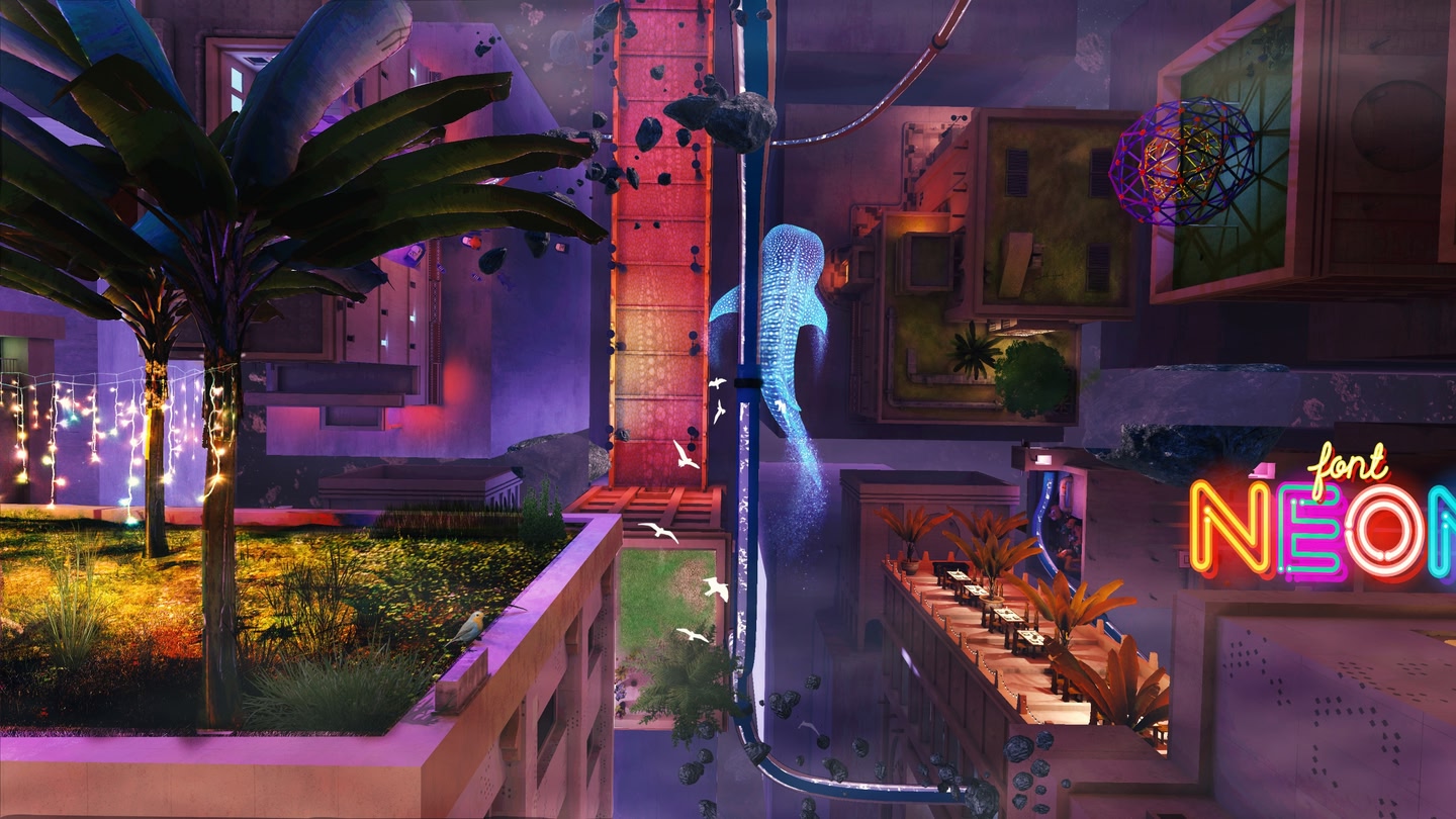 Artwork by Selina Mind at Large with hologram whale and unusually arranged buildings.