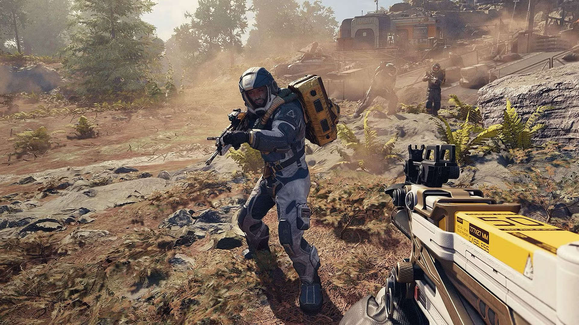 From the point of view: The player points a sci-fi rifle at an opponent who is also about to shoot.