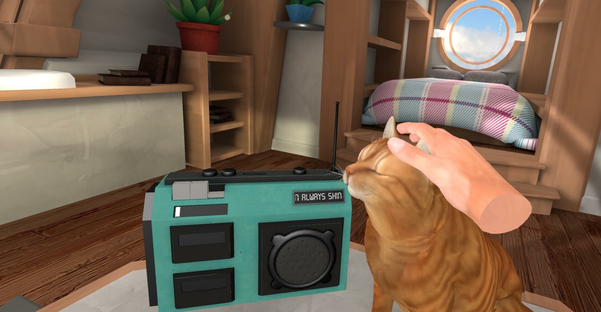 In a VR game, a hand strokes a red cat sitting in front of a radio on the kitchen table.