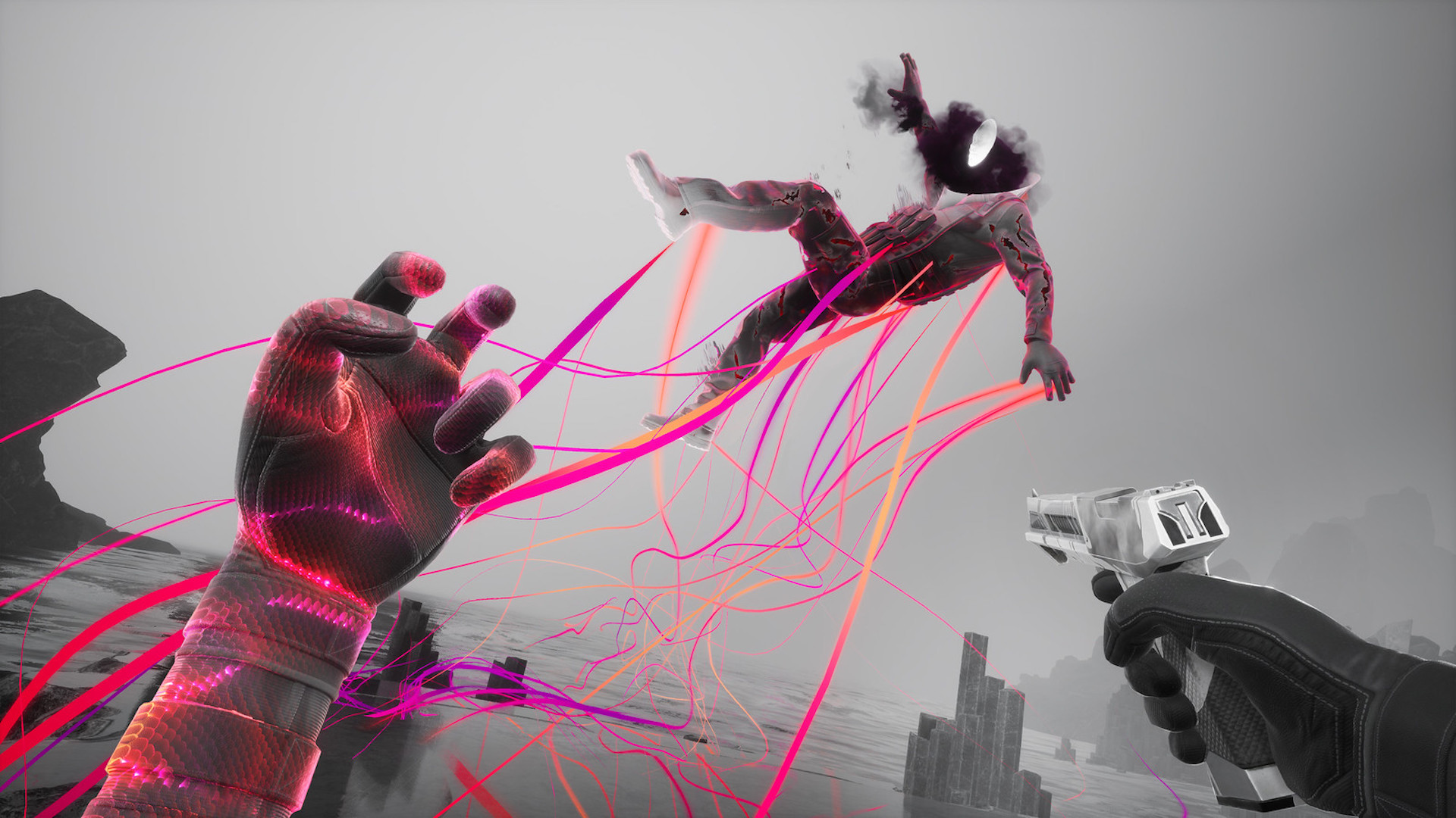 The player hand grabs an opponent by telekinesis and throws him through the air.