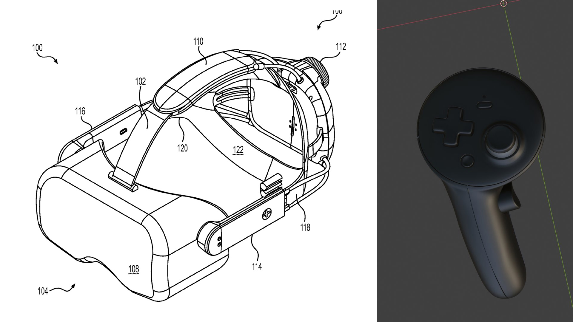 Illustration of a VR headset patent from Valve and a 3D model of the Roy Controller.