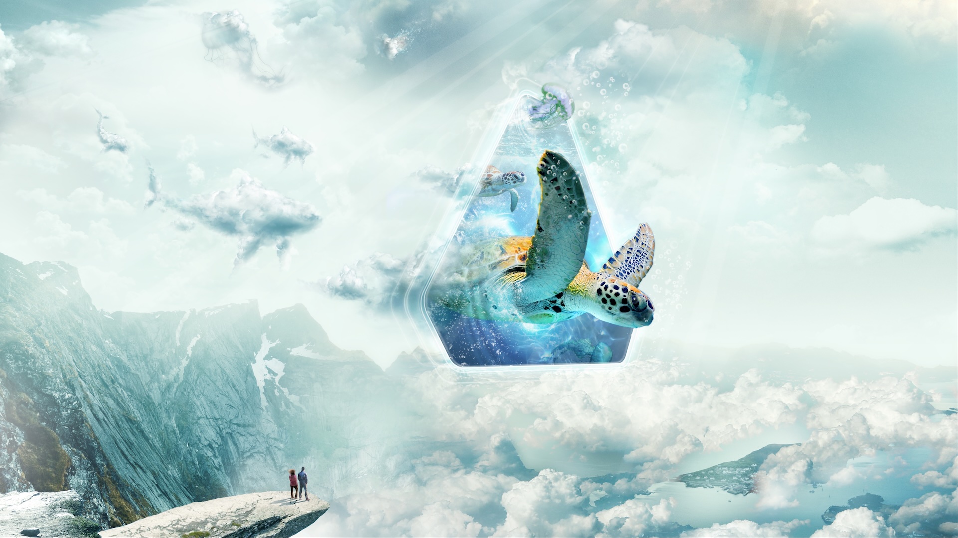 Two people stand on a rock that juts out into a fantastic cloudscape in which a turtle emerges from a portal.