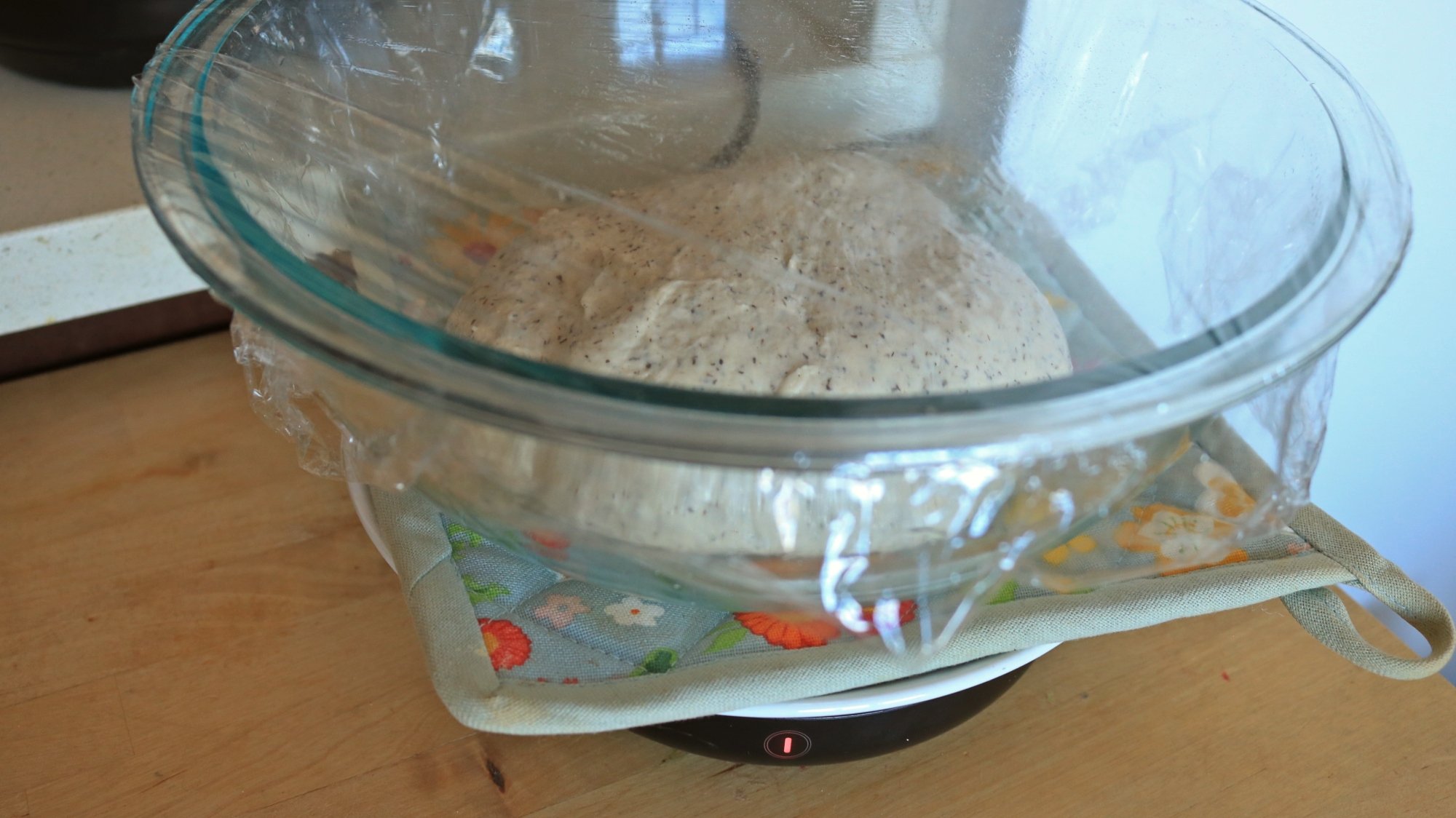 Bread dough in a glass bowl on a mug warmer.