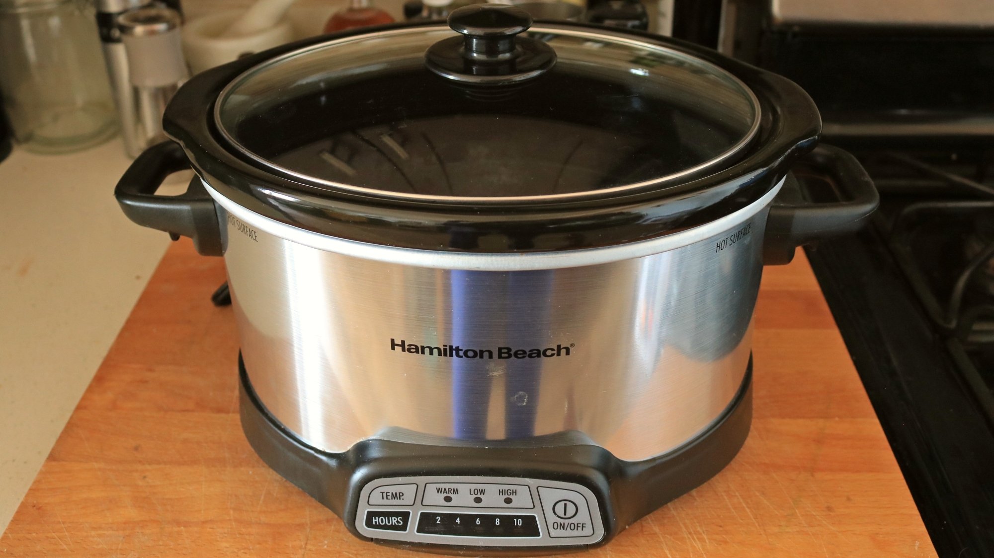 A slow cooker on a countertop.