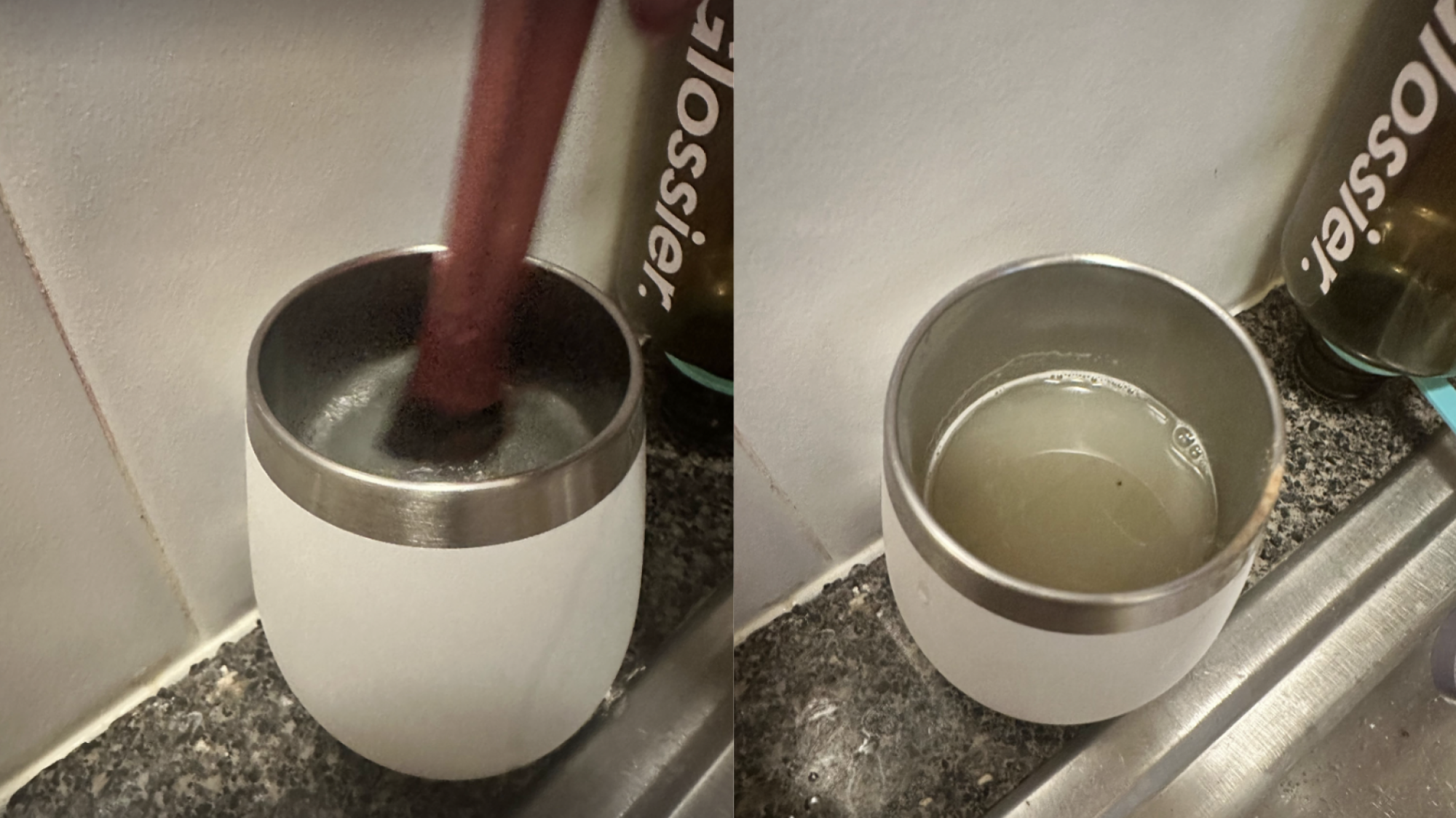 Swirling a makeup brush in micellar water