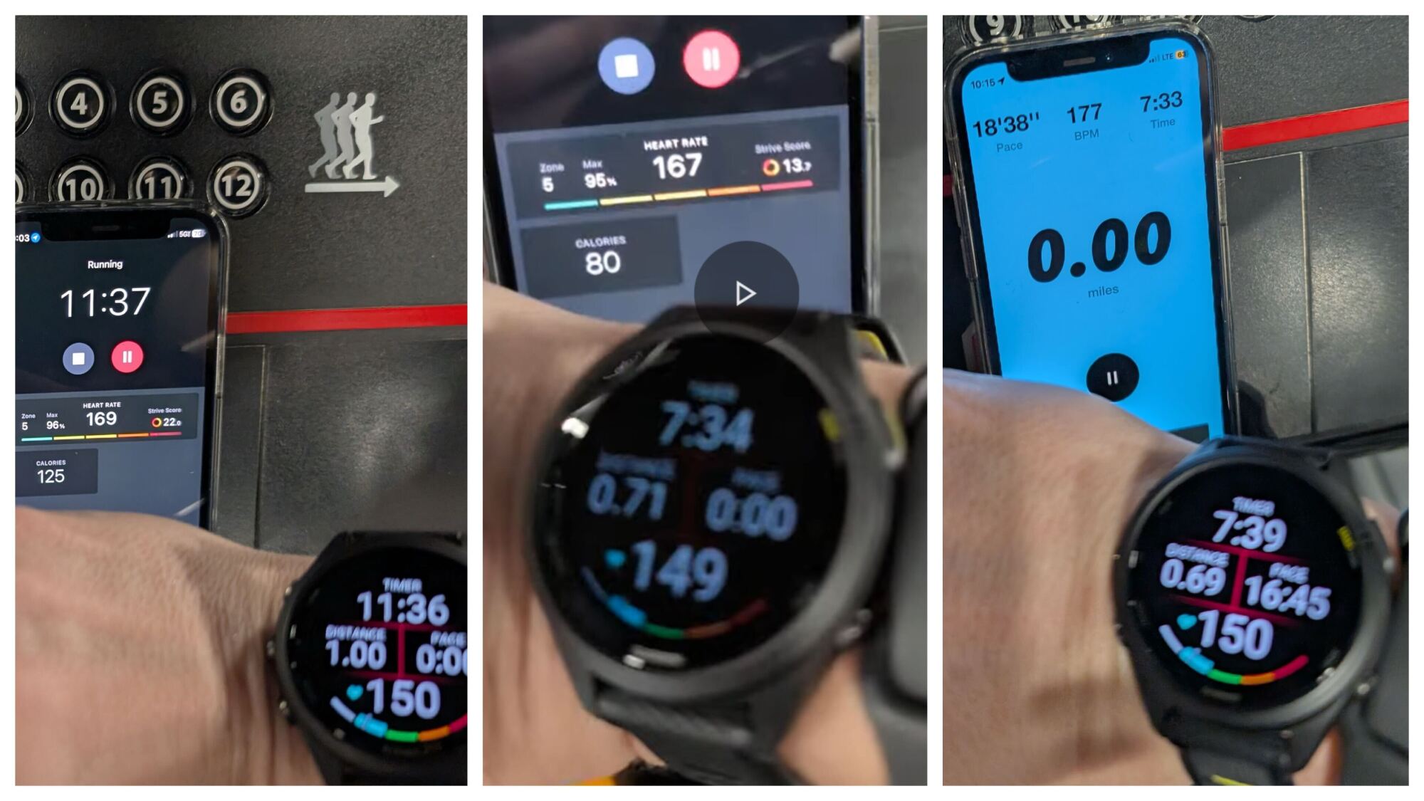 Three photos of Peloton and NRC apps next to Garmin watch showing different heart rates