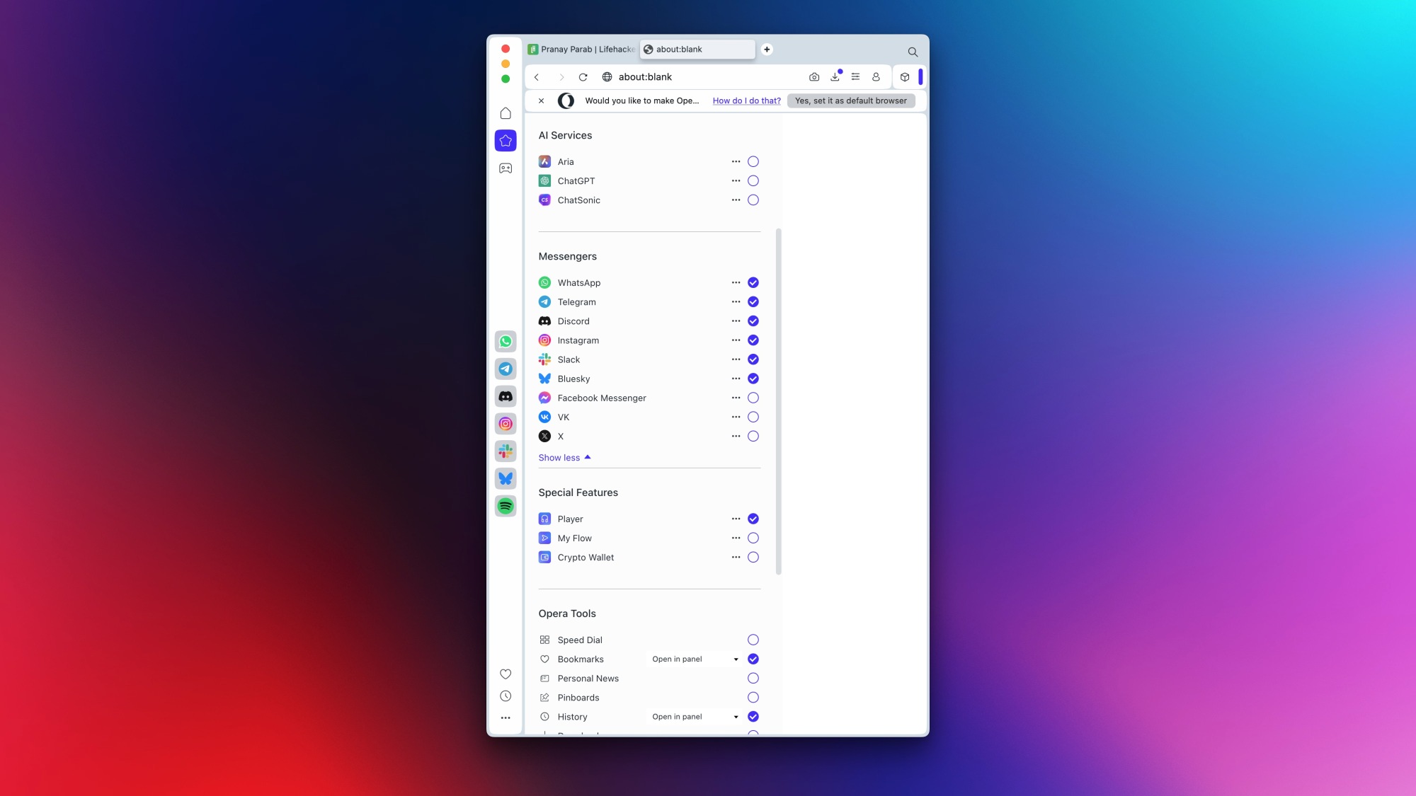 Sidebar settings in Opera.