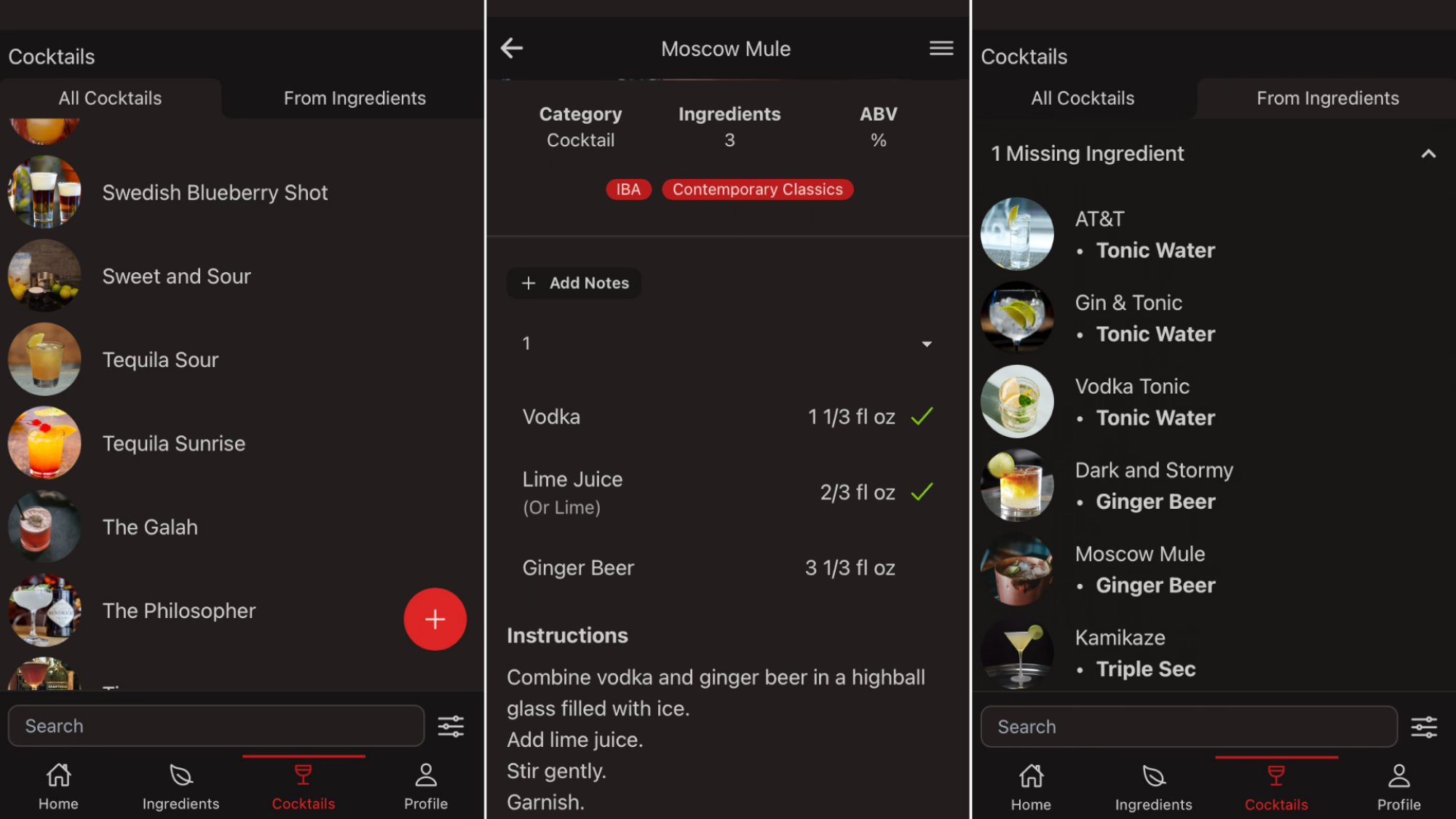 Three more screenshots. The left-most shows a list of recipes; the second shows the recipe for a moscow mule; the third shows a list of cocktails possible with the current