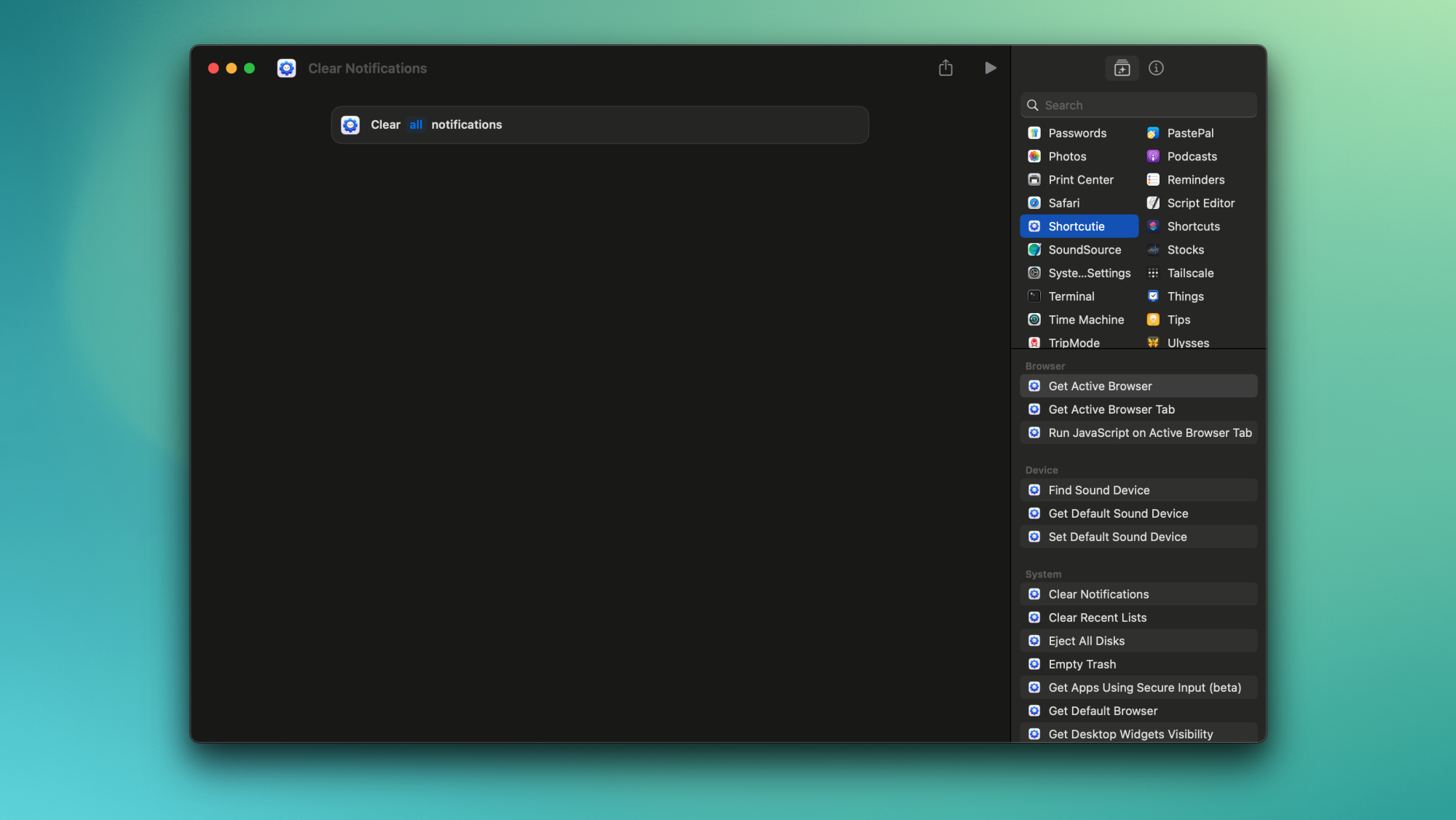 Actions from Shortcutie in the right pane of Apple's Shortcuts app for Mac.