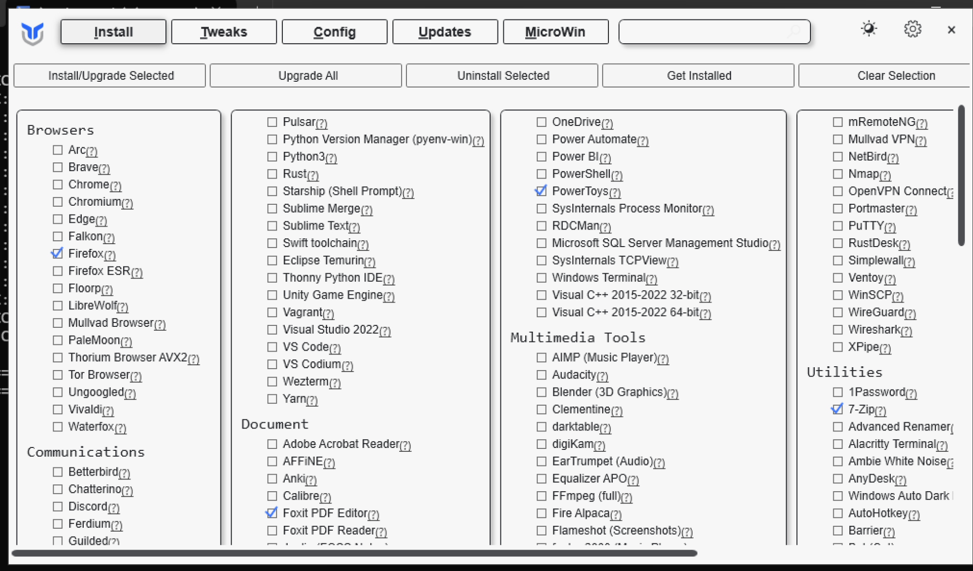 A wide variety of applications you can install are shown with checkboxes In this screenshots of the utility.