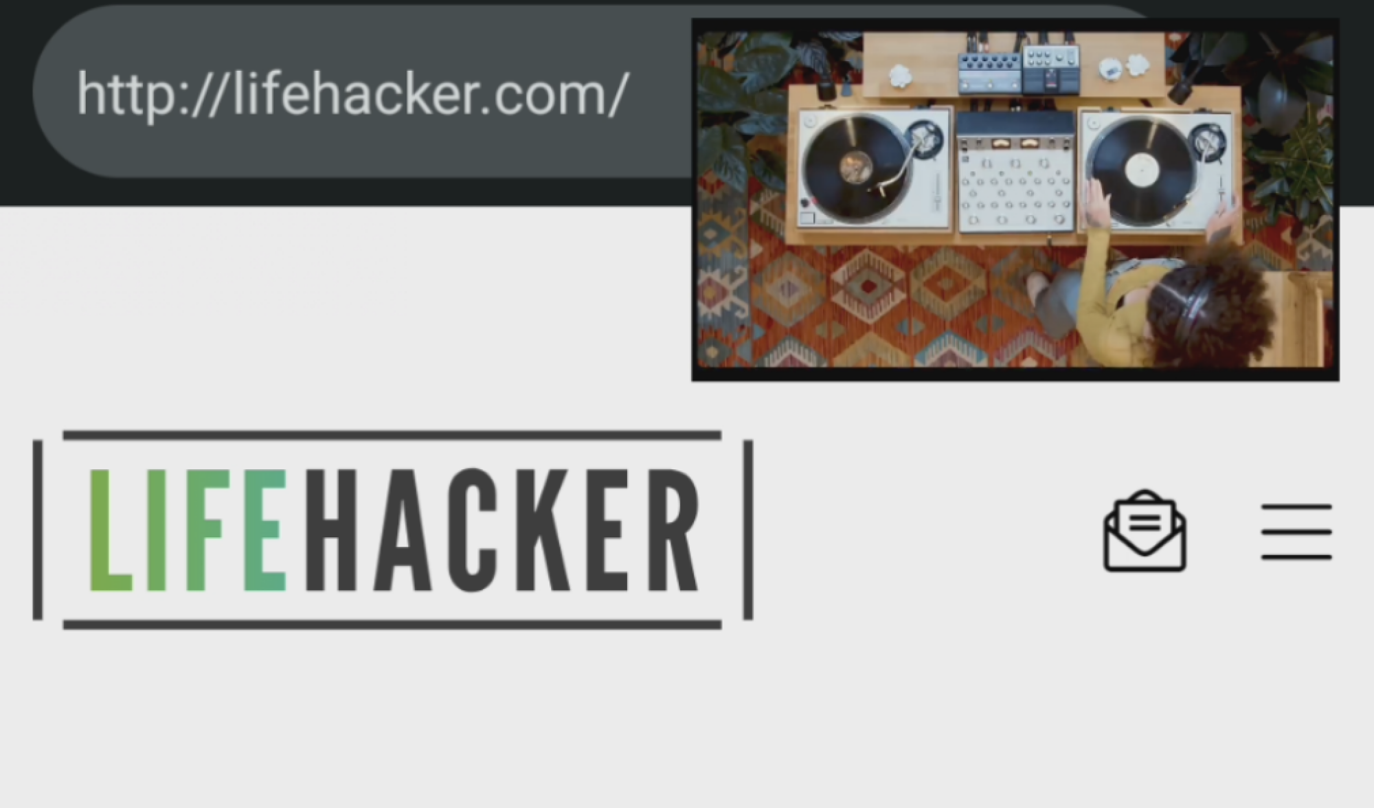A picture-in-picture video of a DJ shown over the Lifehacker homepage.