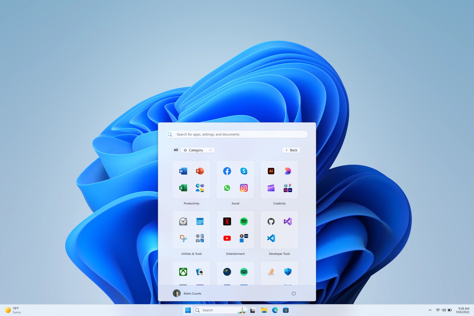 The category view in Windows 11's Start menu.