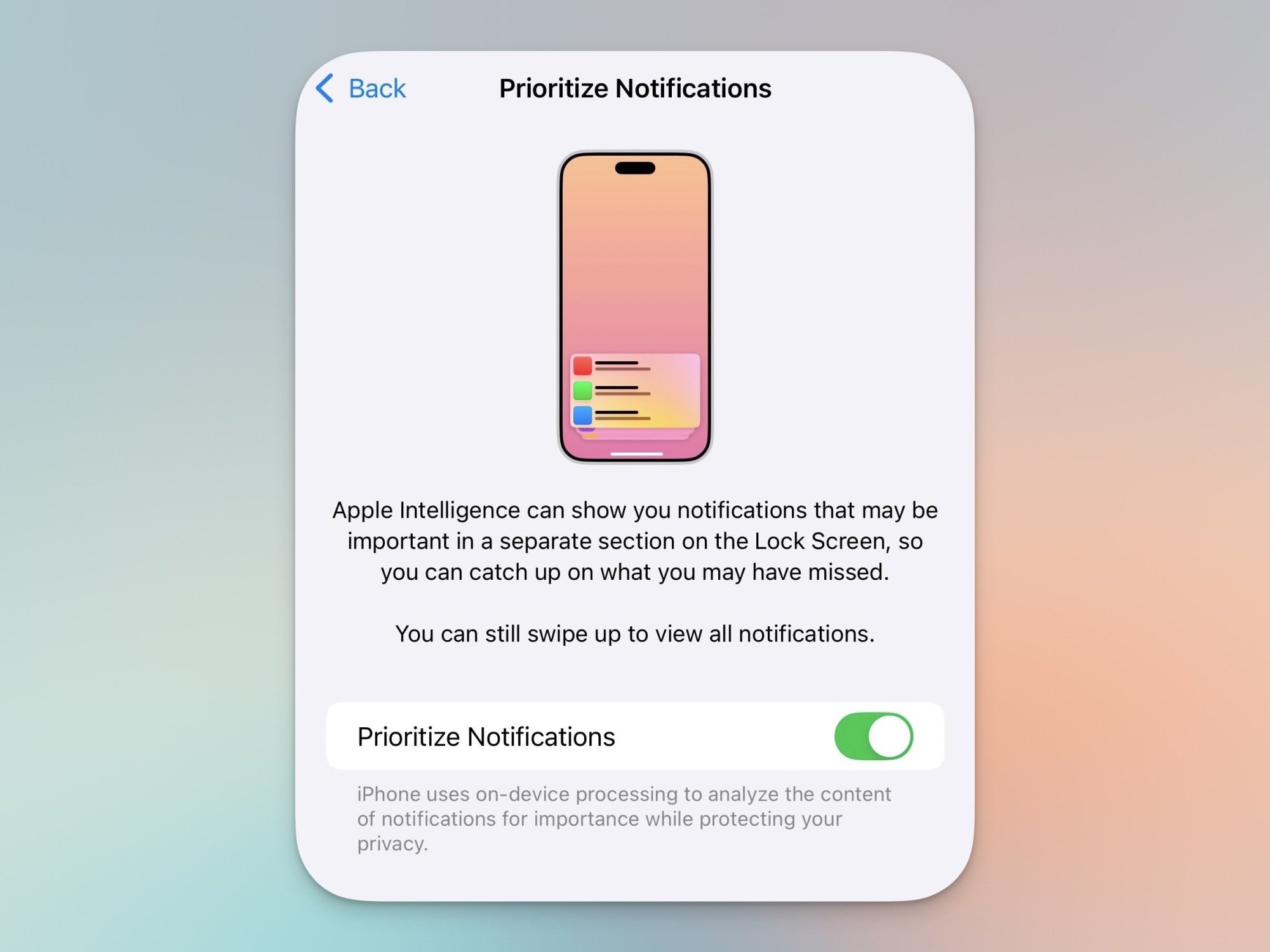 Prioritize Notifications settings on iPhone.