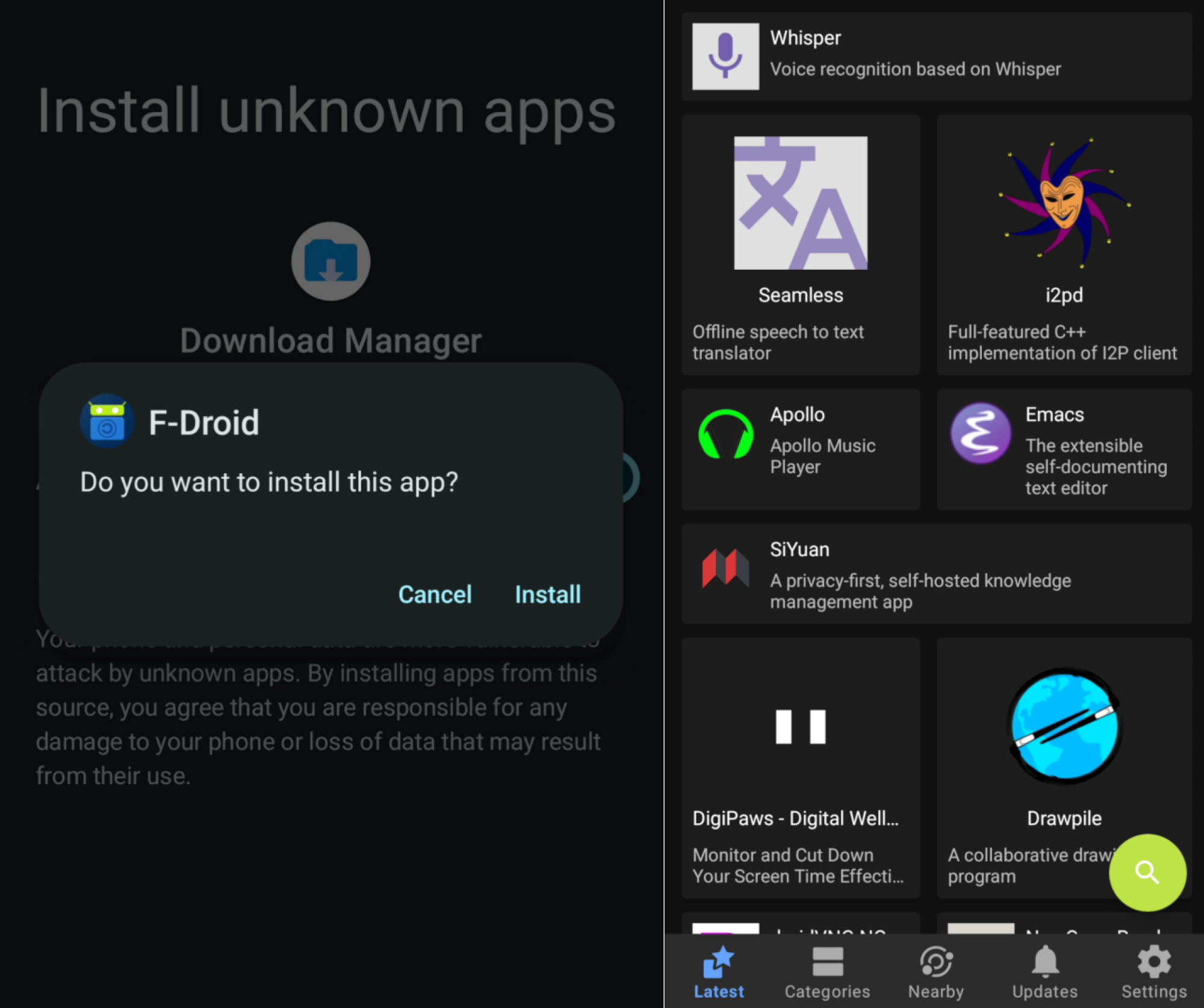 Two screenshots—one asking if the user wants to install F-Droid and the other showing F-Droid running.
