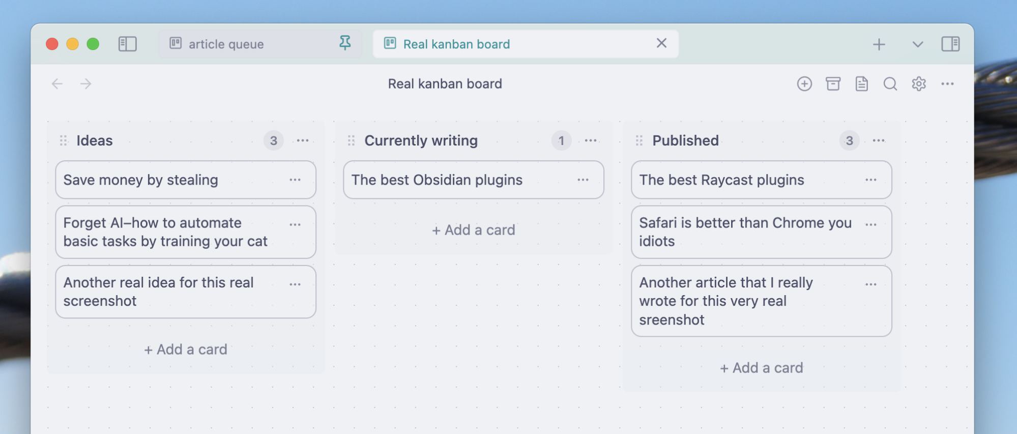 A demonstration kanban board with fake article ideas