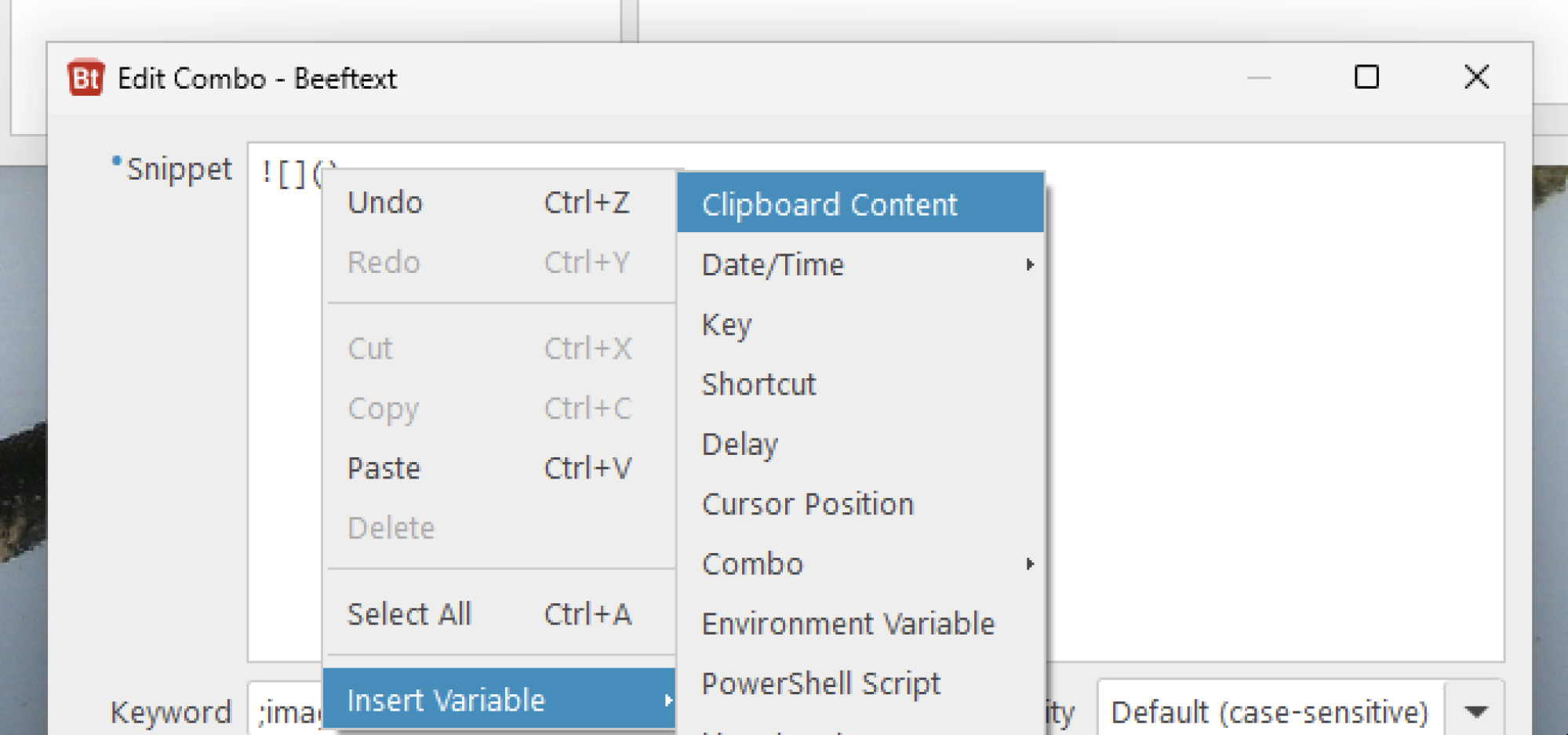 The right-click menu lets you insert variables including clipboard content, date and time, and more.