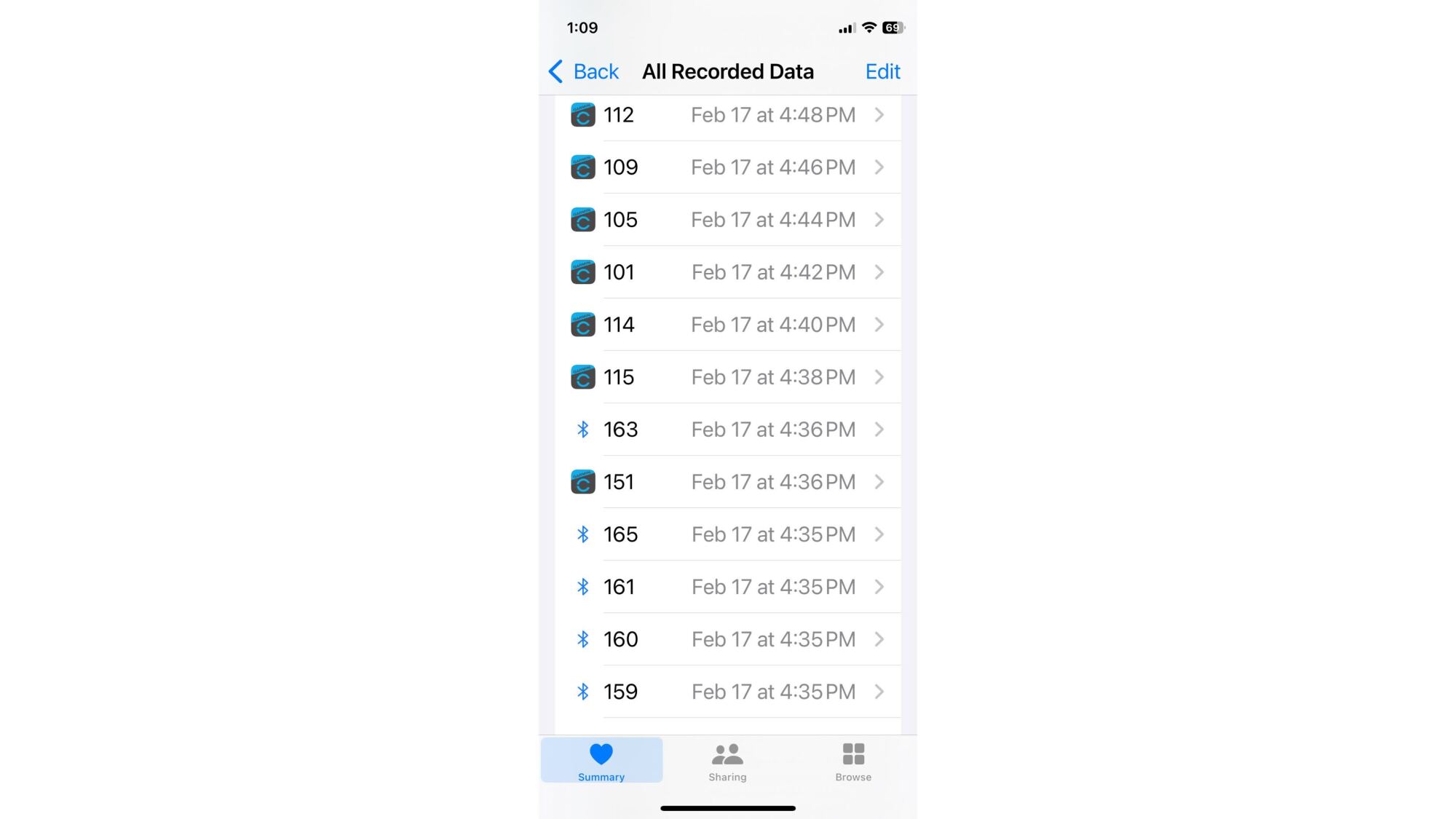 Screenshot of numbers and dates/times, just all in a list. Some have a Garmin logo and some have a Bluetooth logo